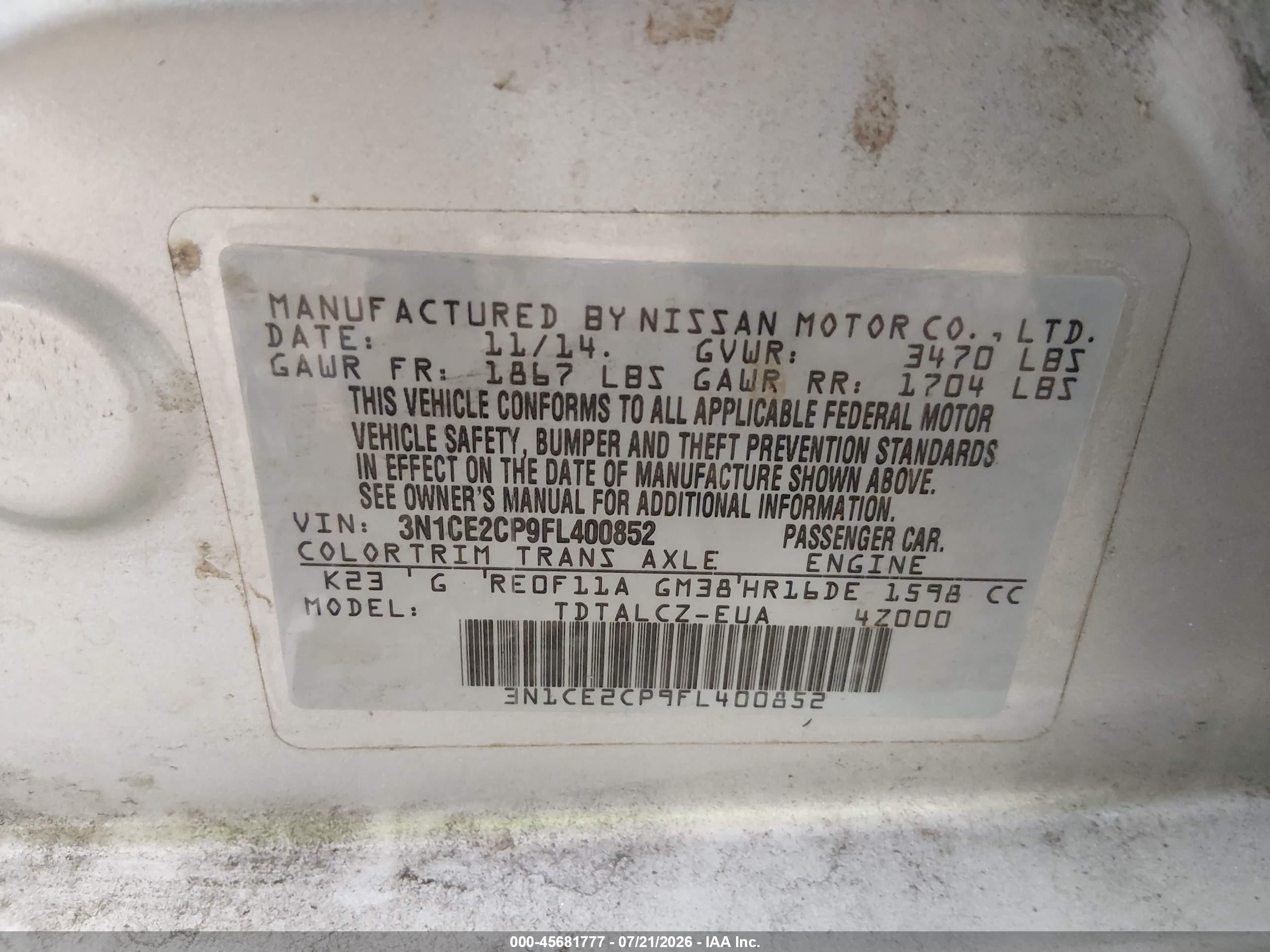 2015 Nissan Versa Note S Plus Silver vin: 3N1CE2CP9FL400852