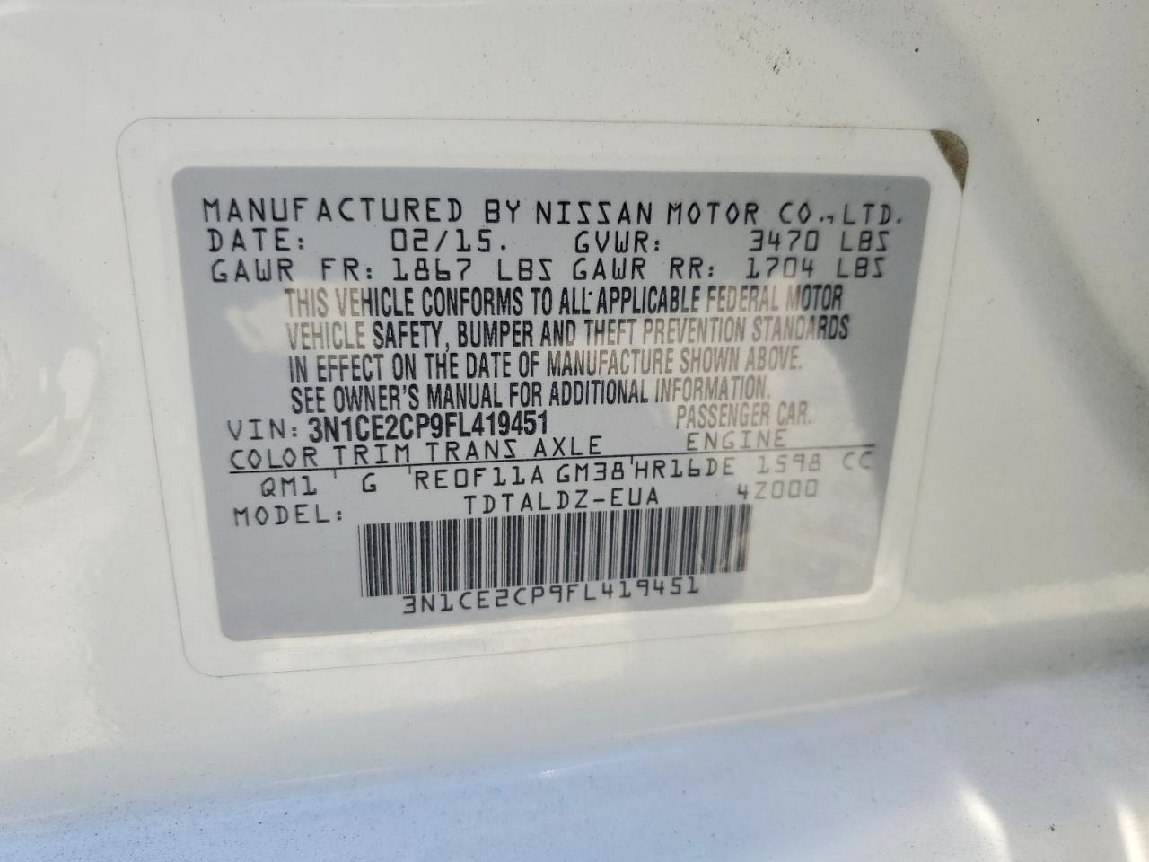 2015 Nissan Versa Note Sv White vin: 3N1CE2CP9FL419451