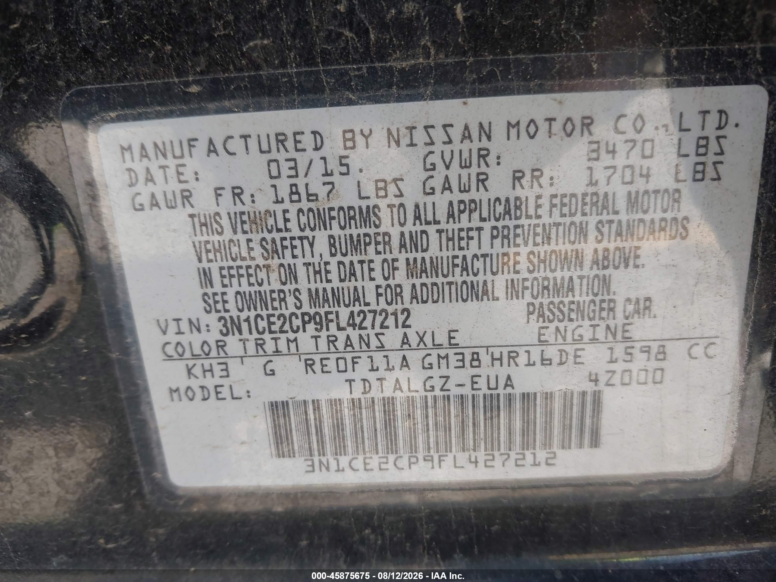 2015 Nissan Versa Note Sr Black vin: 3N1CE2CP9FL427212