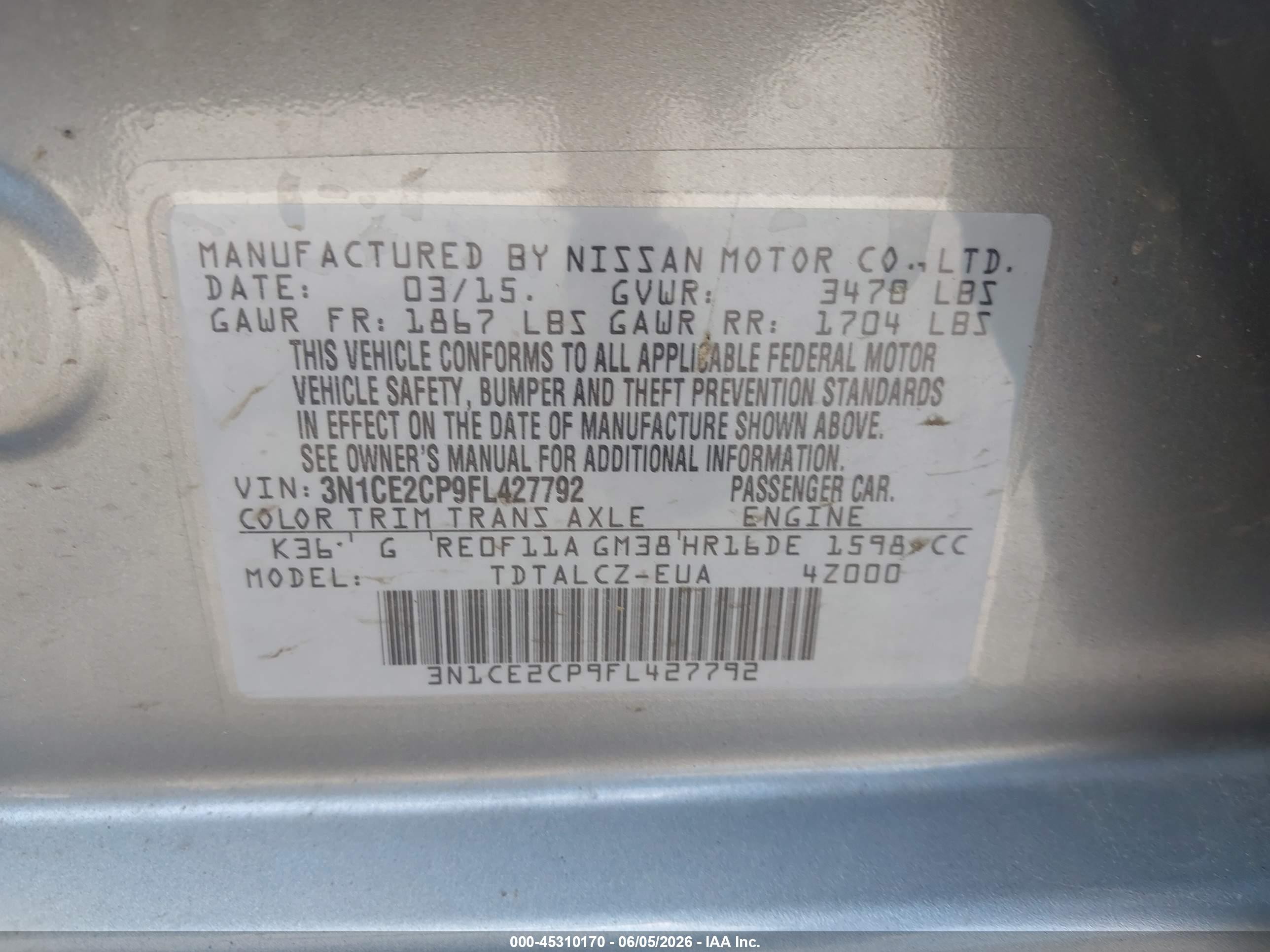 2015 Nissan Versa Note S Plus Silver vin: 3N1CE2CP9FL427792