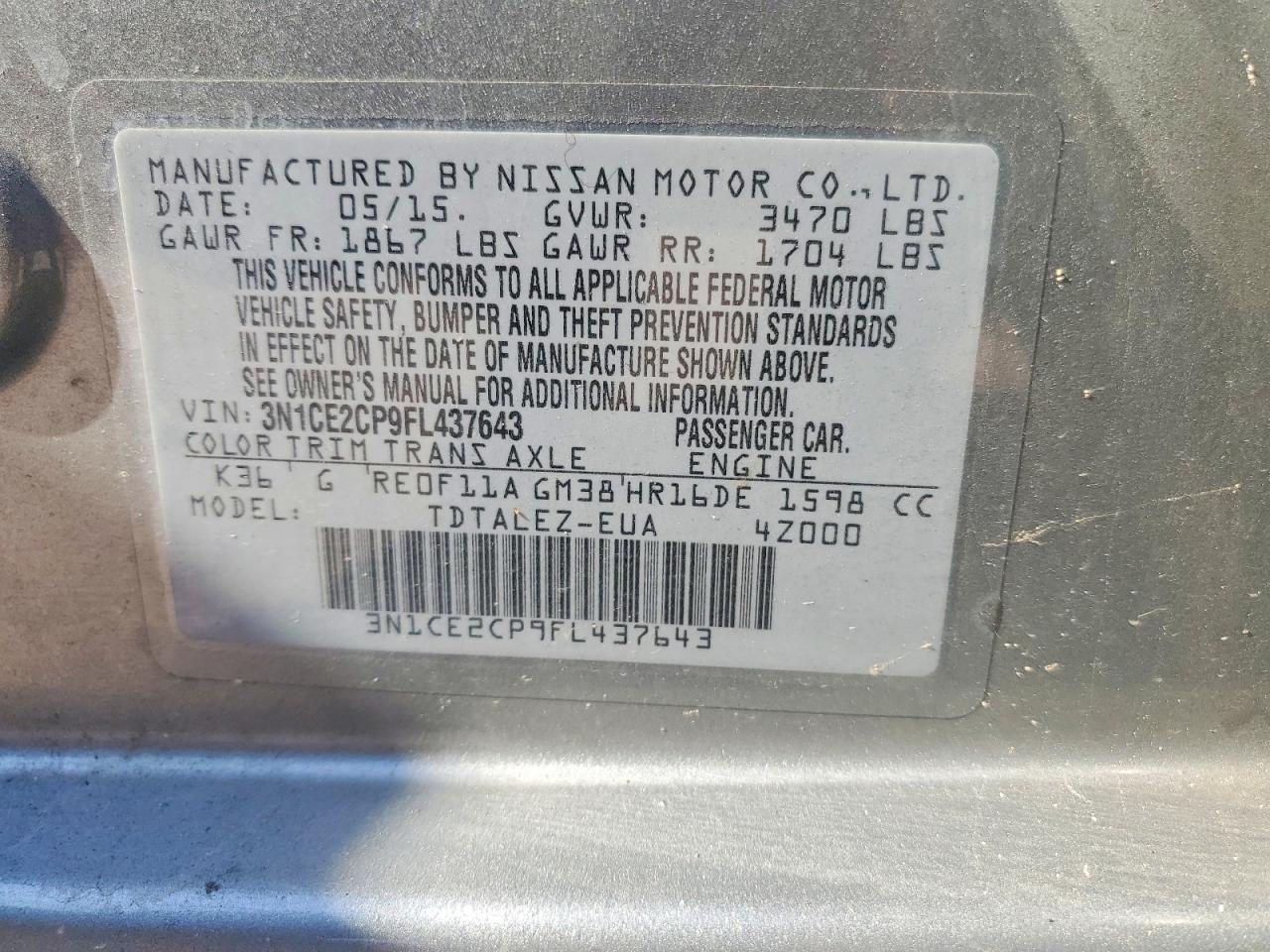 2015 Nissan Versa Note Sl Silver vin: 3N1CE2CP9FL437643