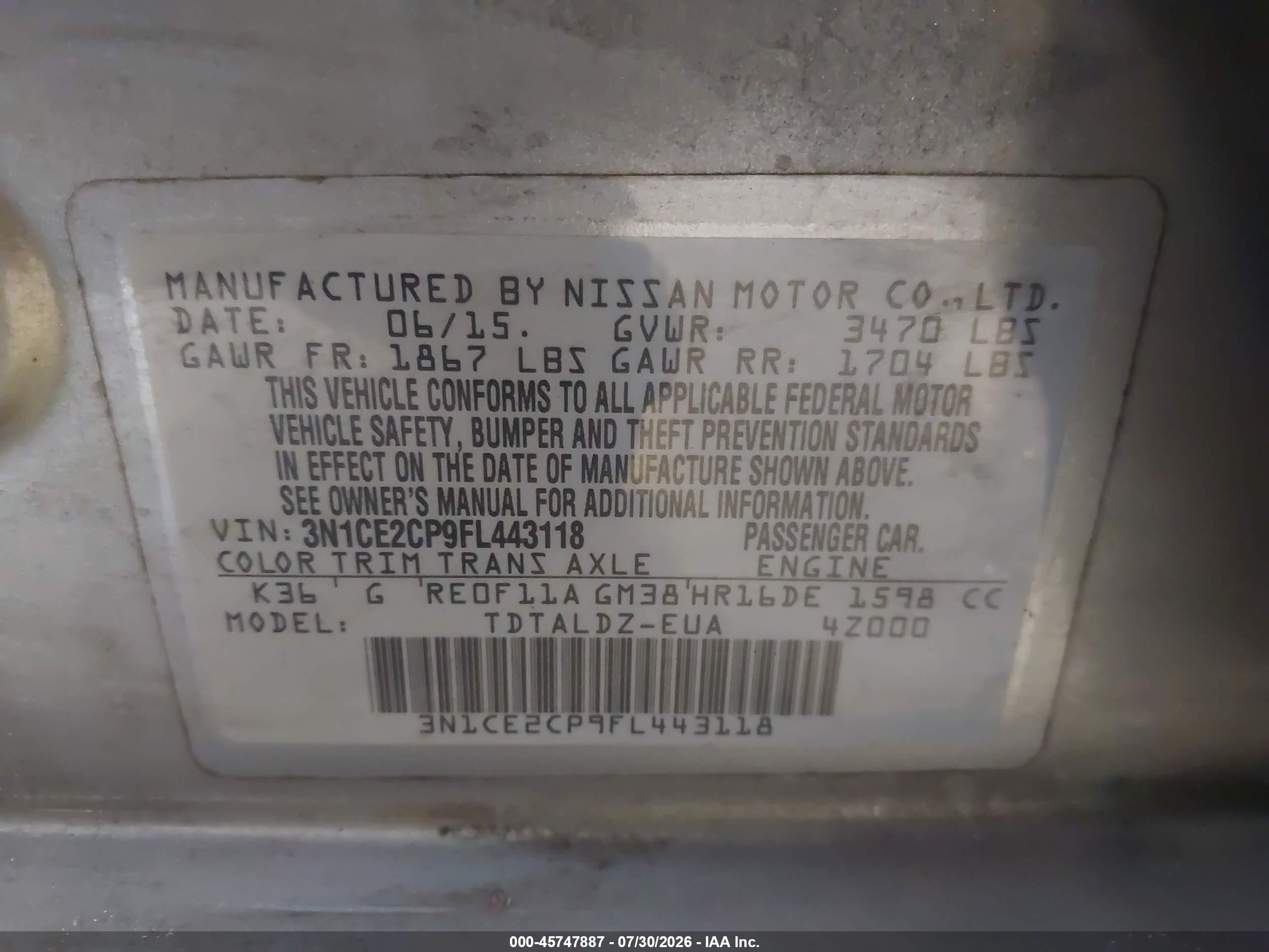 2015 Nissan Versa Note Sv Gray vin: 3N1CE2CP9FL443118