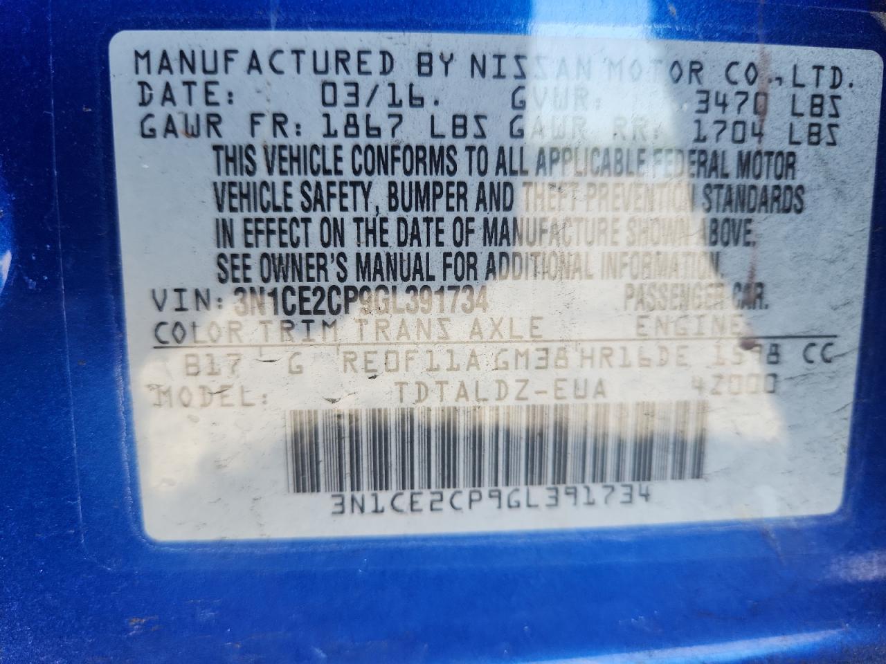 2016 Nissan Versa Note Sv Blue vin: 3N1CE2CP9GL391734