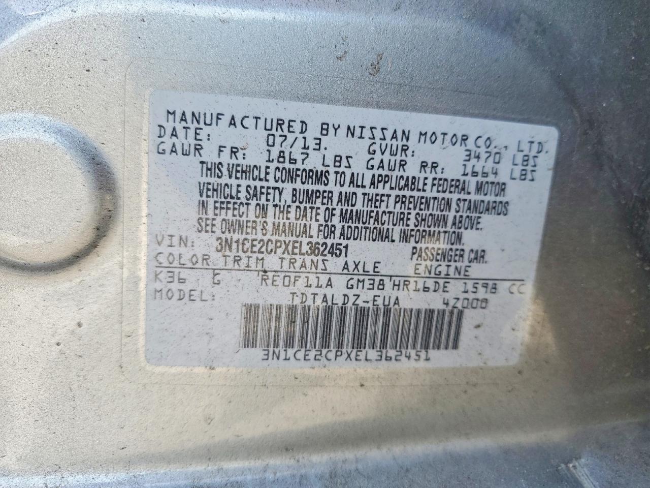 2014 Nissan Versa Note S Silver vin: 3N1CE2CPXEL362451