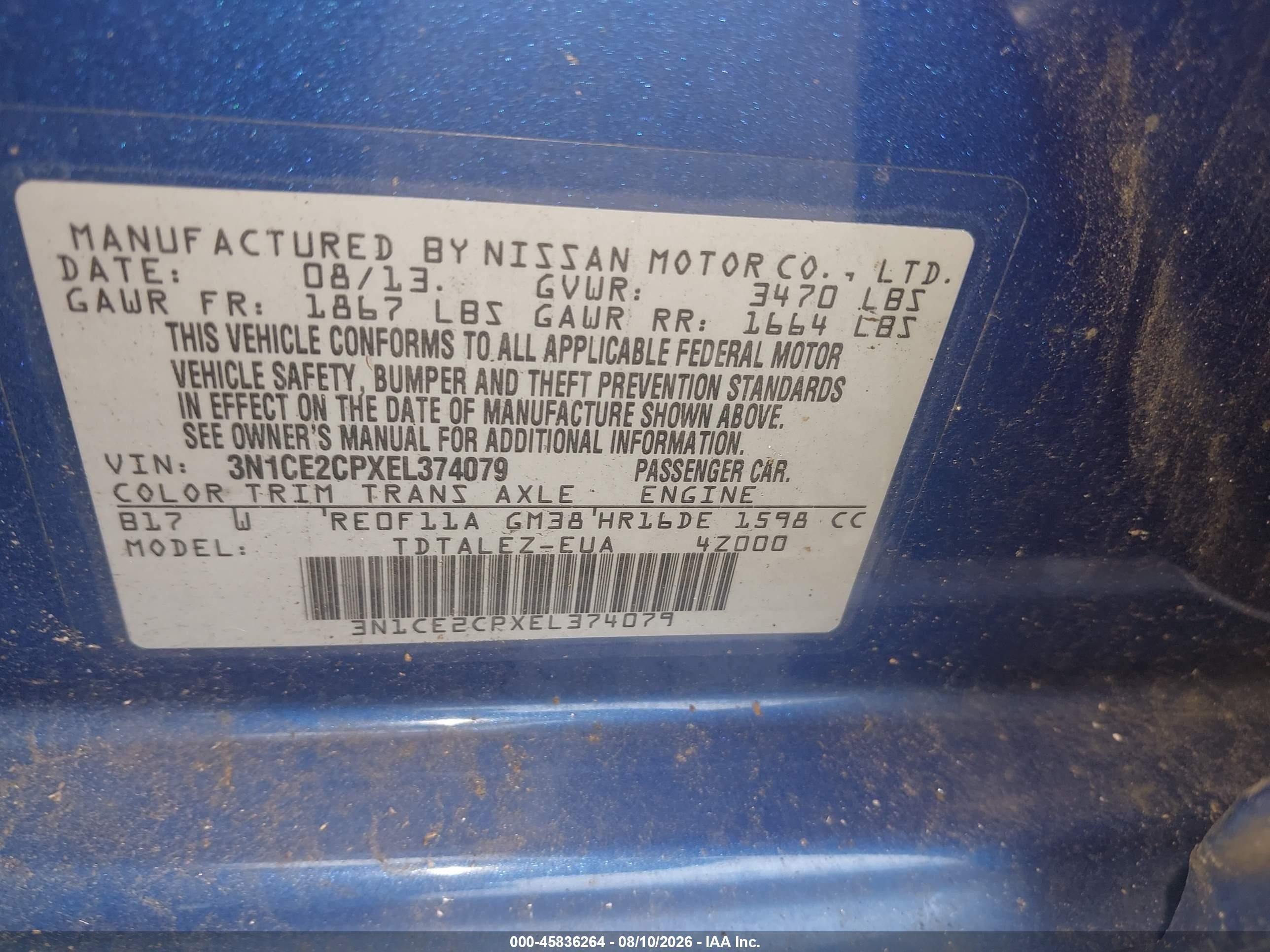 2014 Nissan Versa Note Sv Blue vin: 3N1CE2CPXEL374079