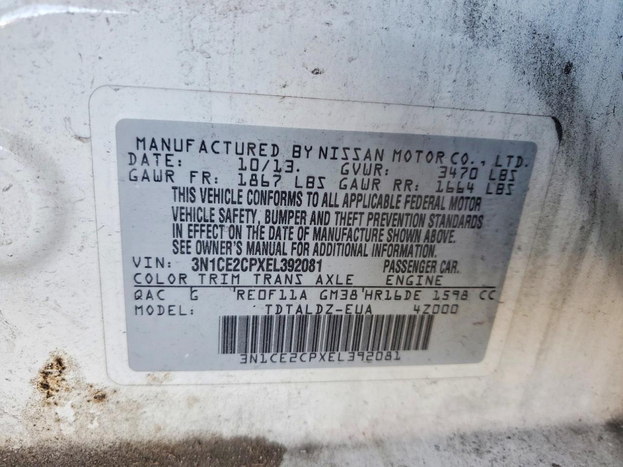 2014 Nissan Versa Note Sv White vin: 3N1CE2CPXEL392081