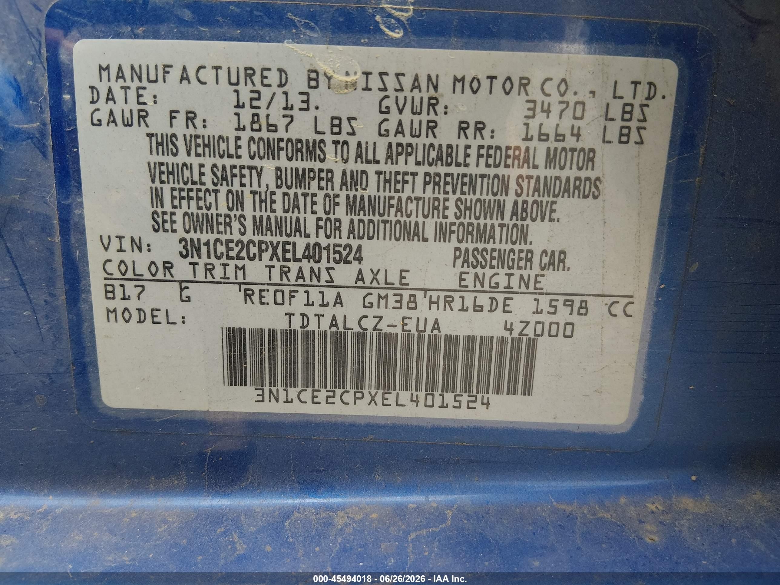 2014 Nissan Versa Note S Plus Blue vin: 3N1CE2CPXEL401524