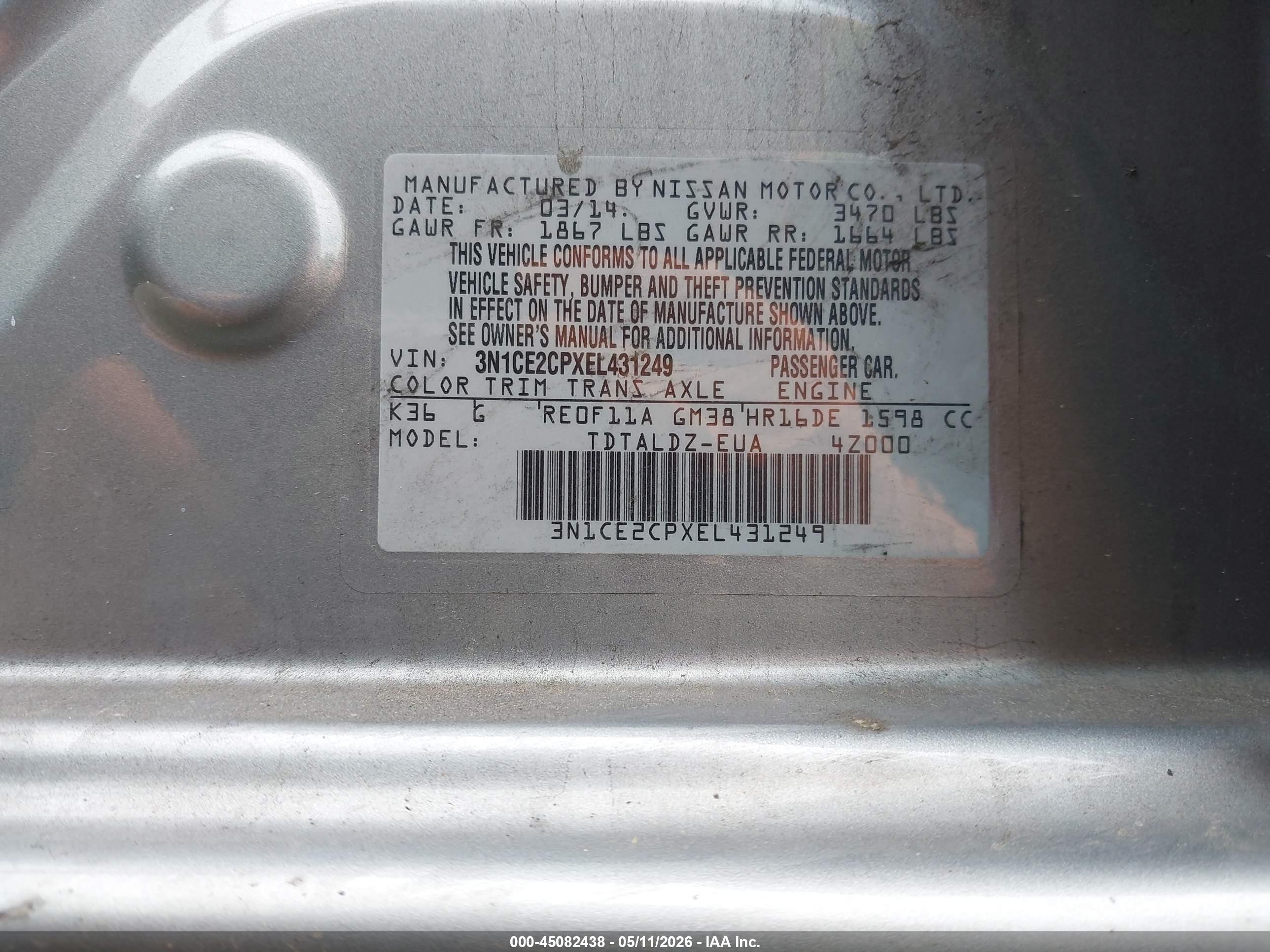 2014 Nissan Versa Note Sv Gray vin: 3N1CE2CPXEL431249