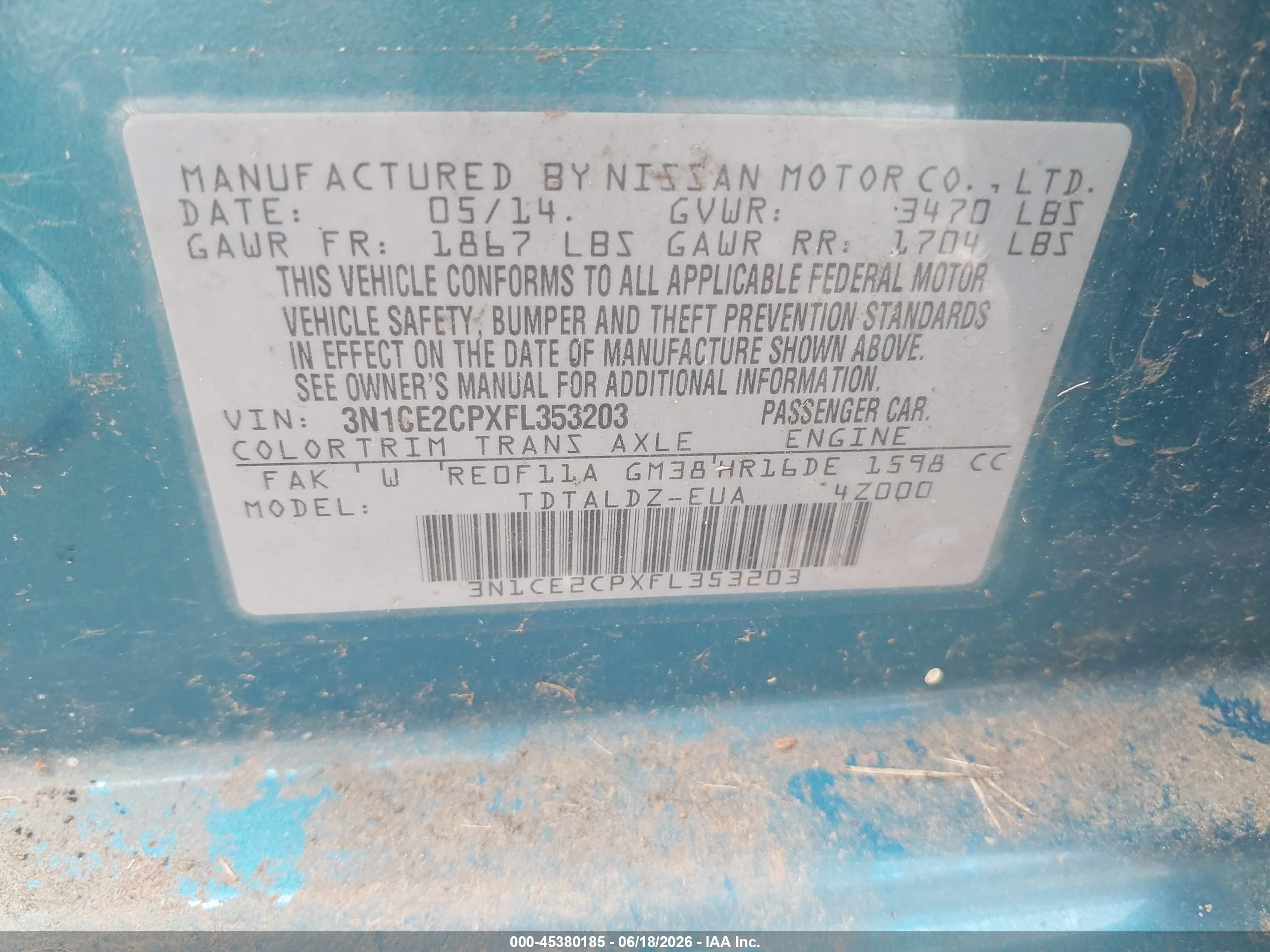 2015 Nissan Versa Note S (sr)/s Plus/sl/sr/sv Blue vin: 3N1CE2CPXFL353203