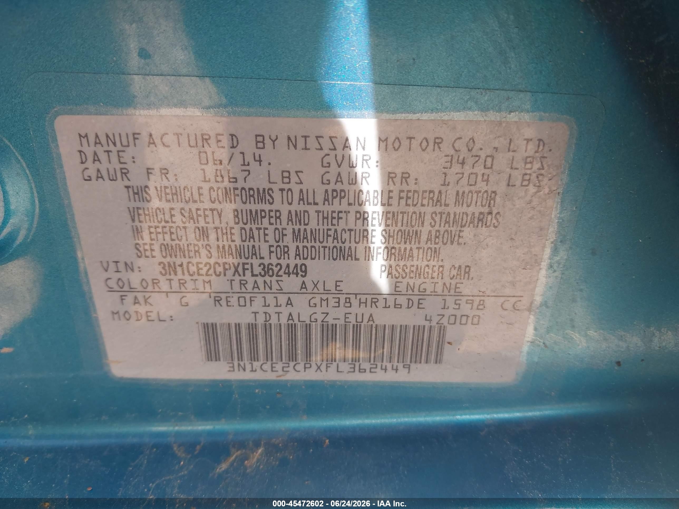 2015 Nissan Versa Note Sr Blue vin: 3N1CE2CPXFL362449