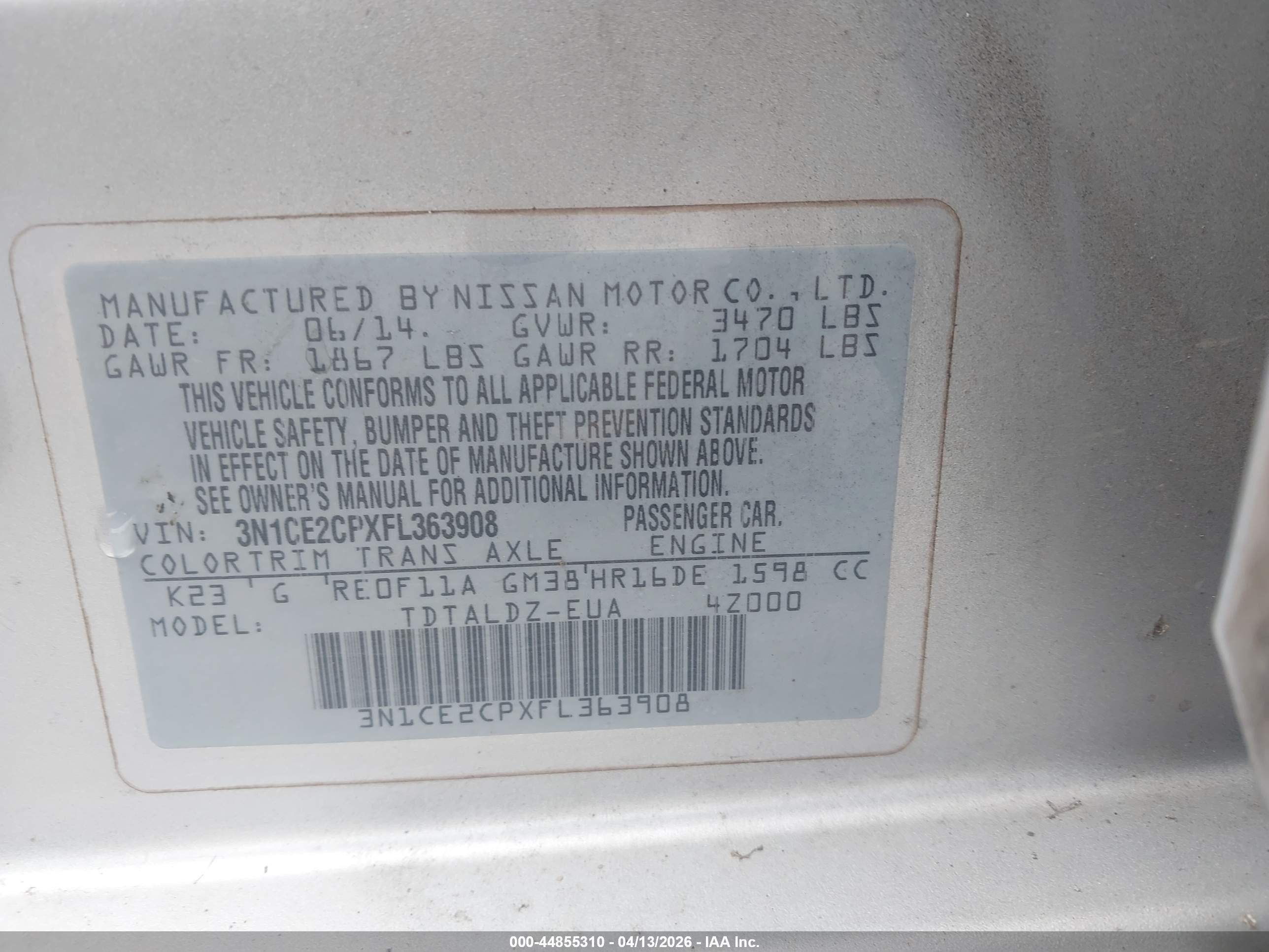 2015 Nissan Versa Note S (sr)/s Plus/sl/sr/sv Silver vin: 3N1CE2CPXFL363908