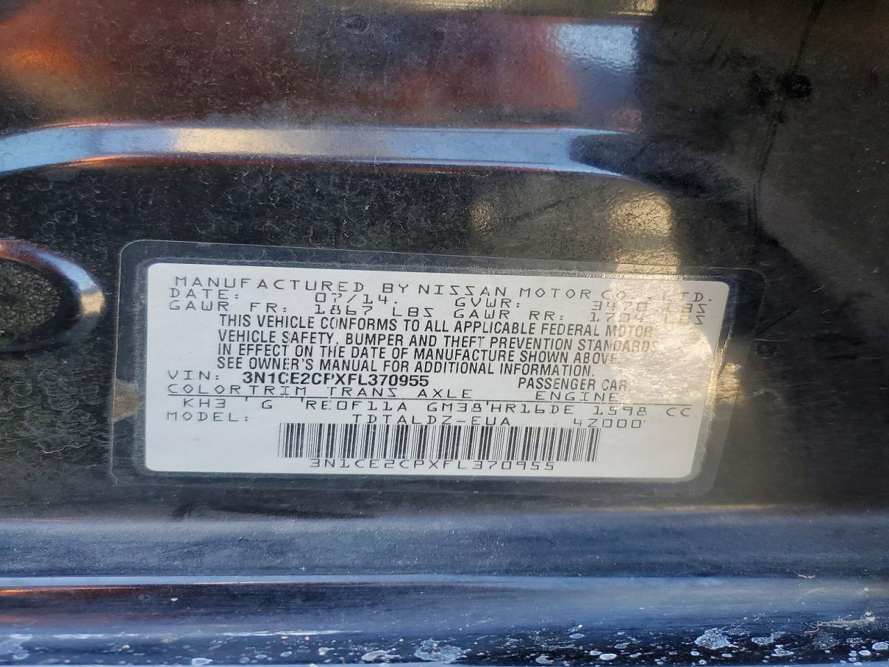 2015 Nissan Versa Note Sv Черный vin: 3N1CE2CPXFL370955