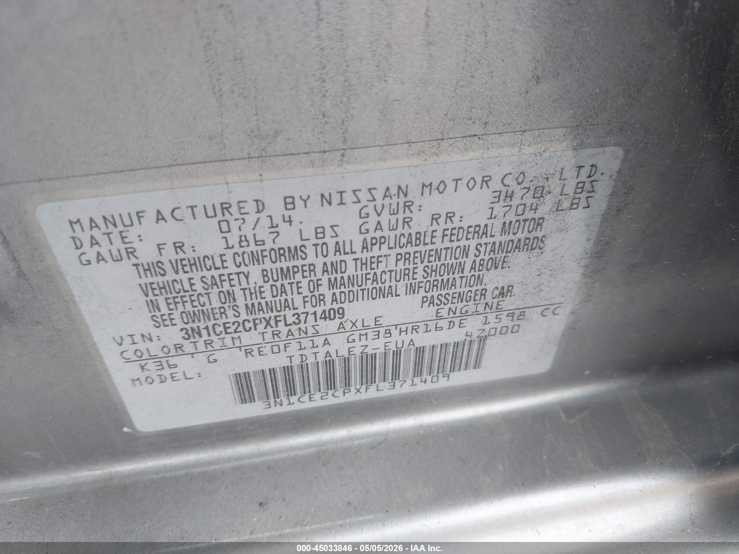 2015 Nissan Versa Note Sl Silver vin: 3N1CE2CPXFL371409