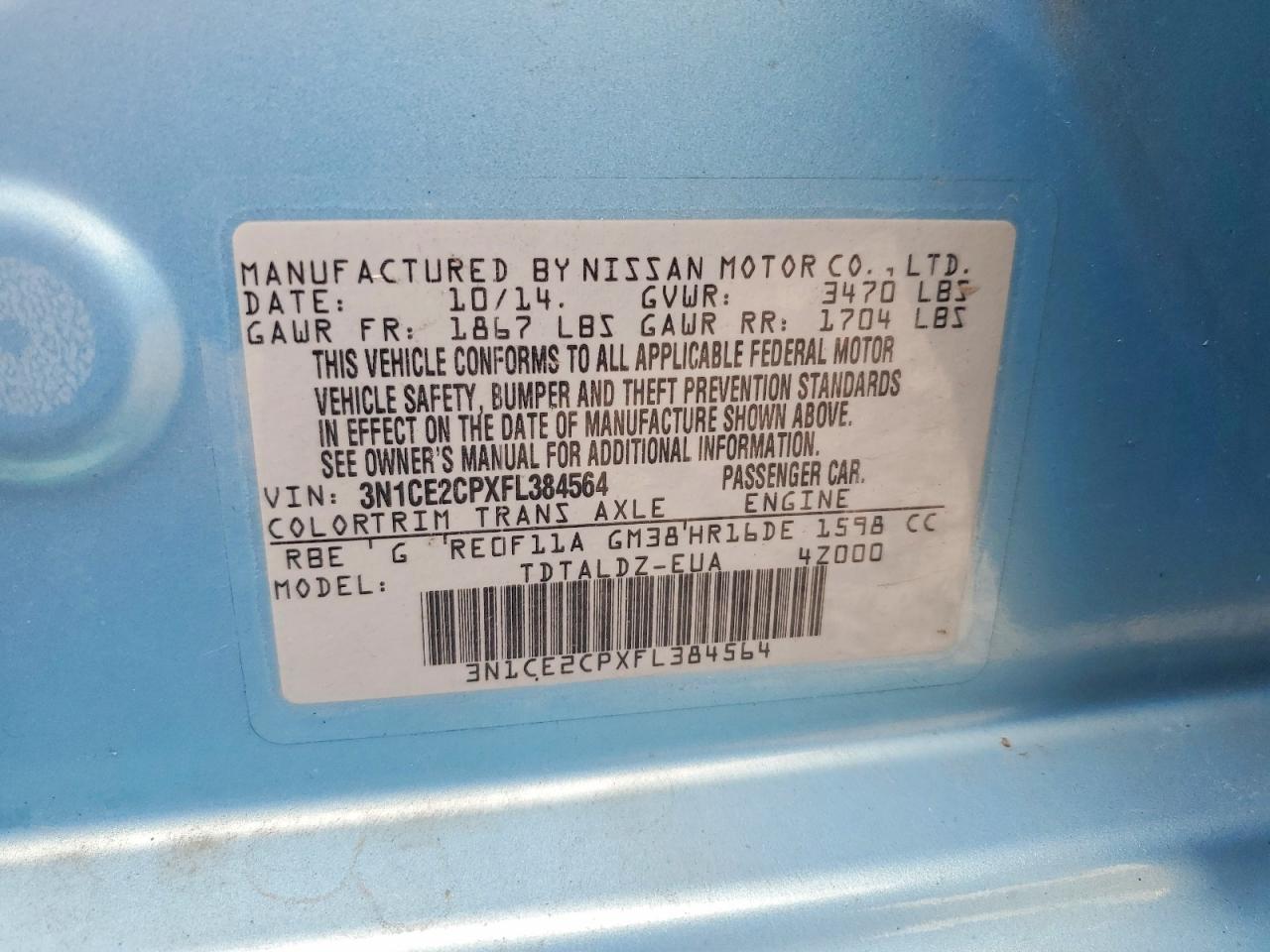 2015 Nissan Versa Note Sv Blue vin: 3N1CE2CPXFL384564