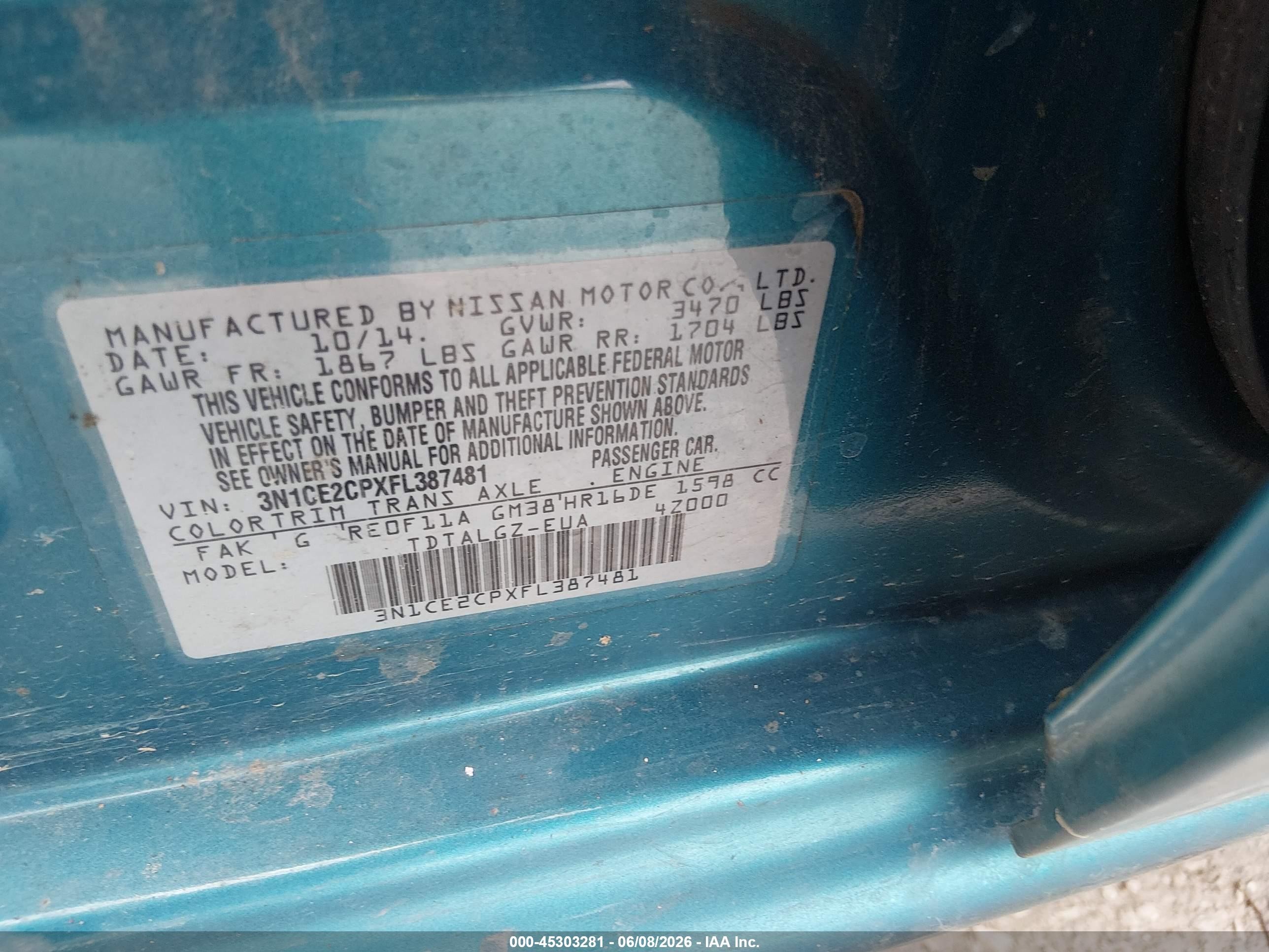 2015 Nissan Versa Note Sr Blue vin: 3N1CE2CPXFL387481