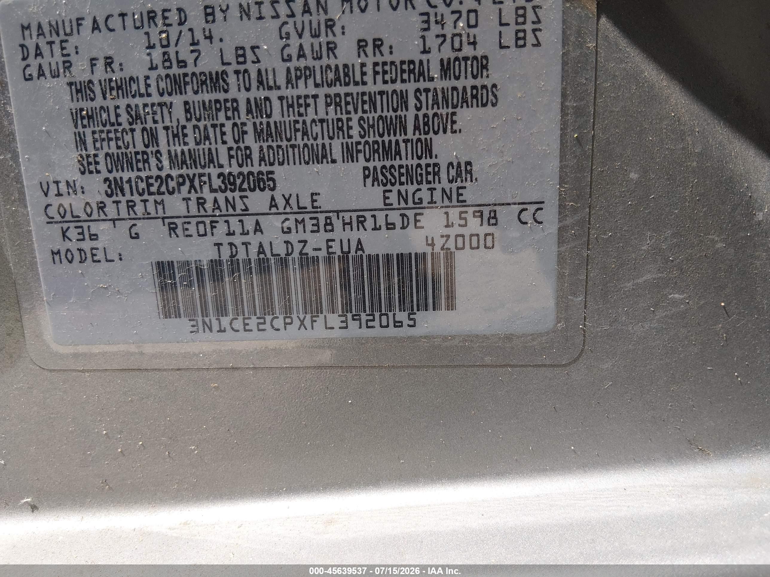 2015 Nissan Versa Note Sv Silver vin: 3N1CE2CPXFL392065