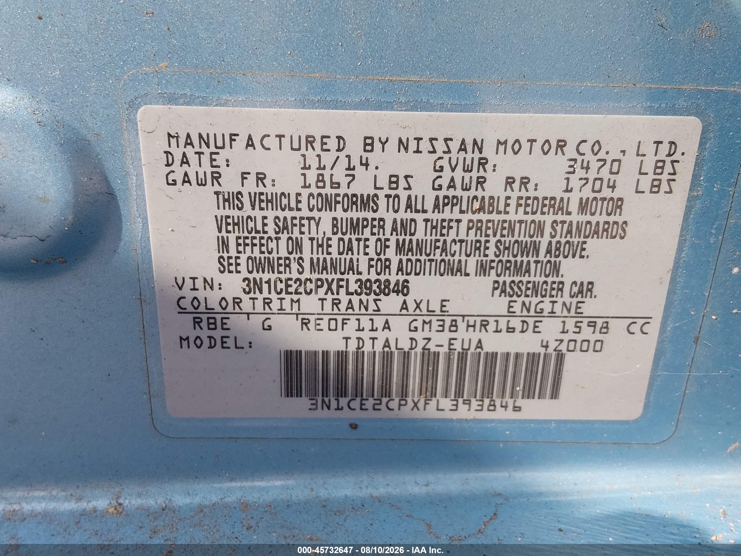 2015 Nissan Versa Note S (sr)/s Plus/sl/sr/sv Light Blue vin: 3N1CE2CPXFL393846