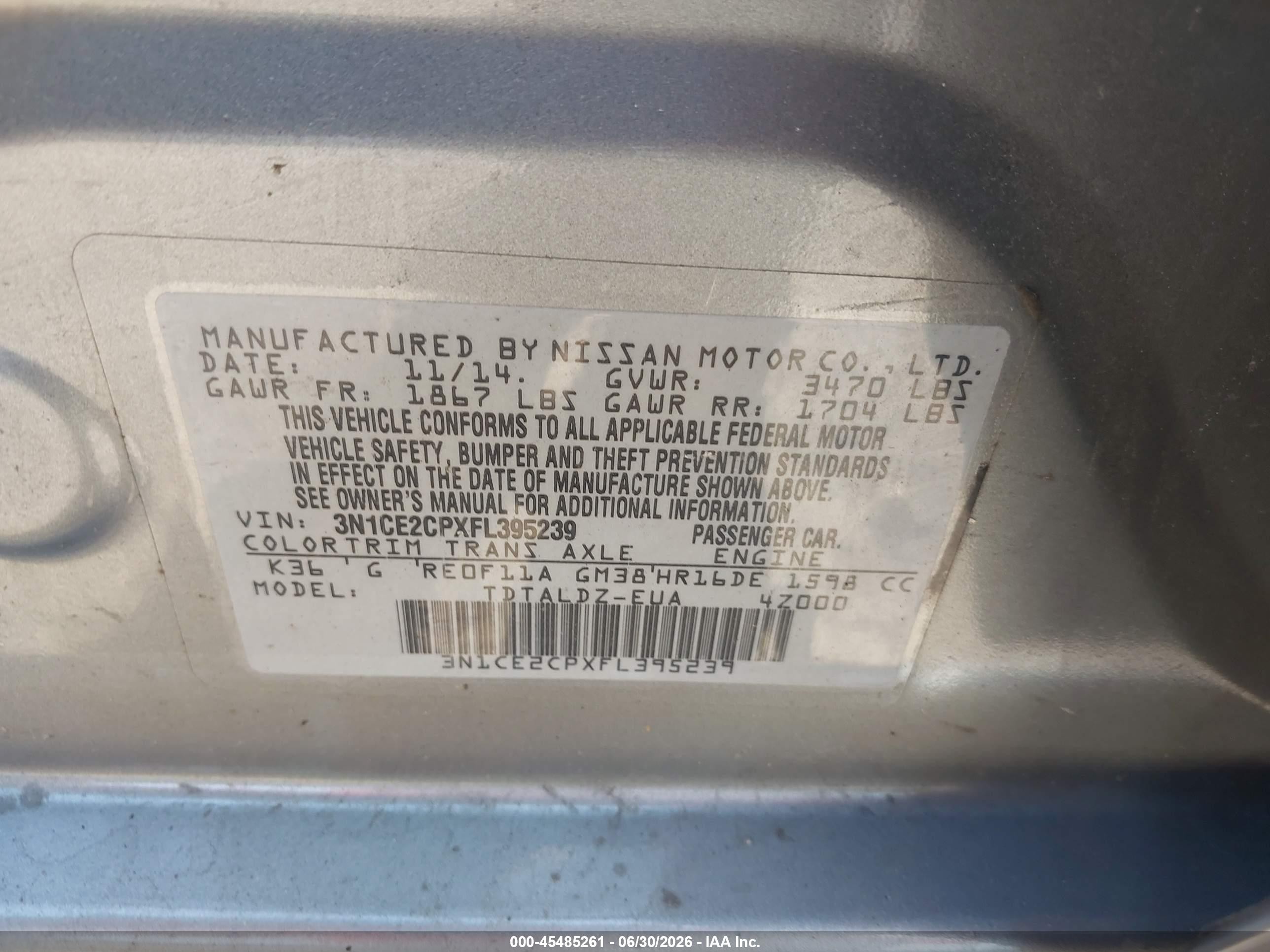 2015 Nissan Versa Note S (sr)/s Plus/sl/sr/sv Silver vin: 3N1CE2CPXFL395239