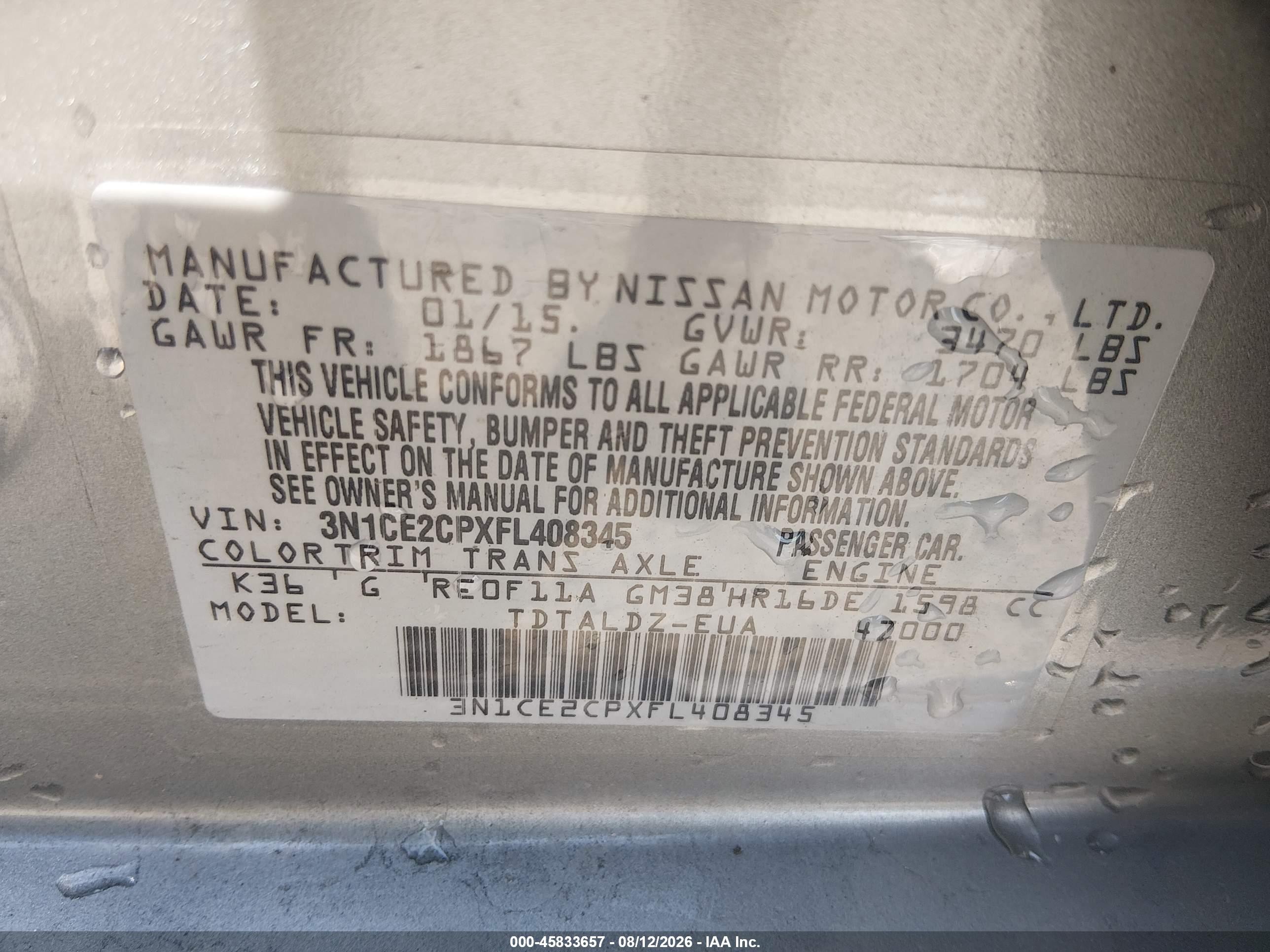2015 Nissan Versa Note S (sr)/s Plus/sl/sr/sv Gray vin: 3N1CE2CPXFL408345