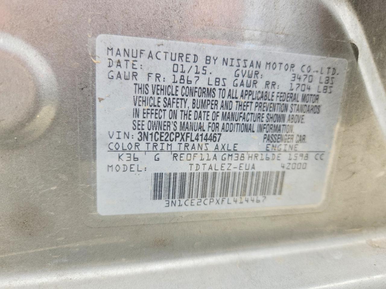 2015 Nissan Versa Note Sl Серый vin: 3N1CE2CPXFL414467