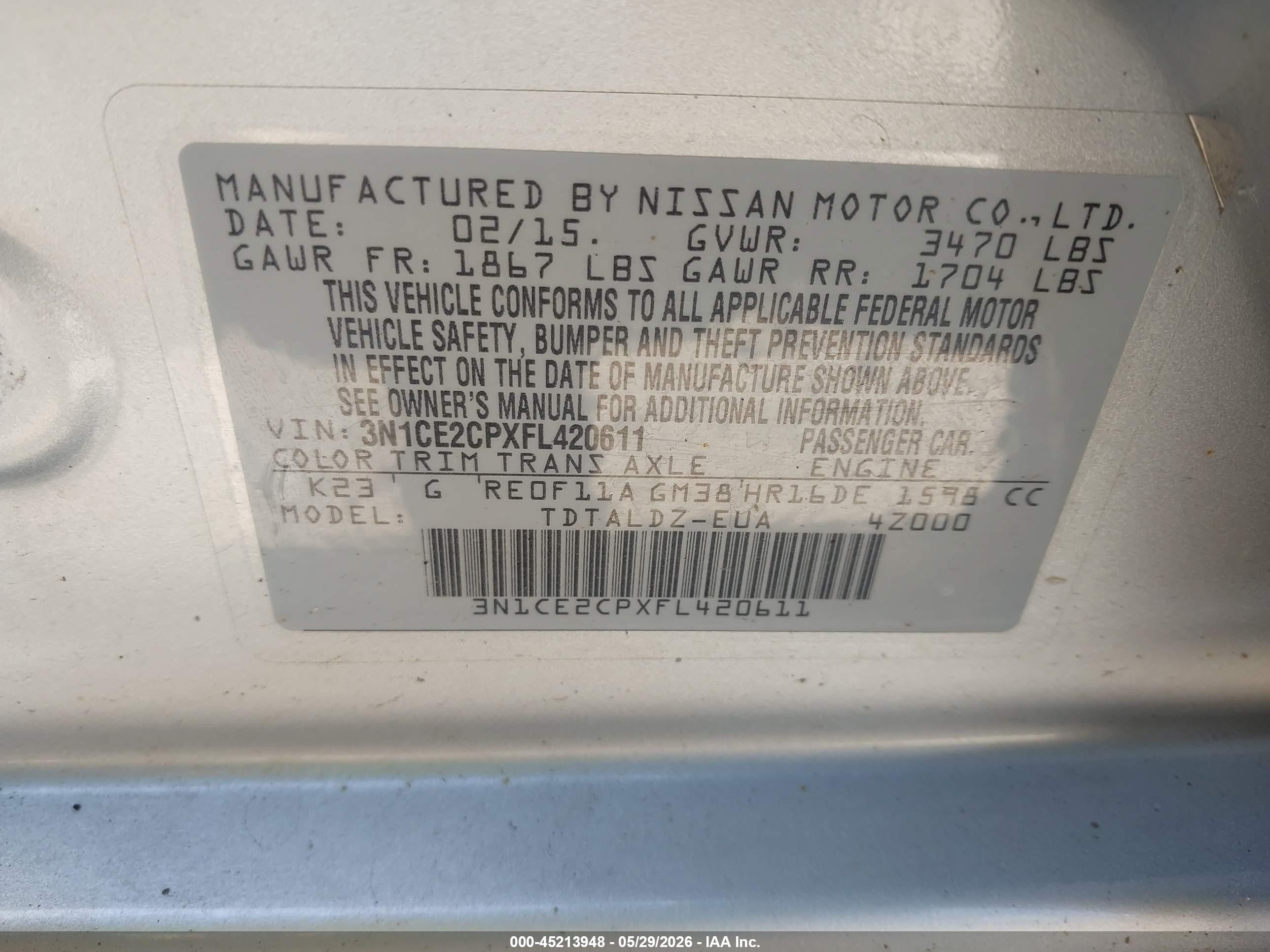2015 Nissan Versa Note S (sr)/s Plus/sl/sr/sv Silver vin: 3N1CE2CPXFL420611