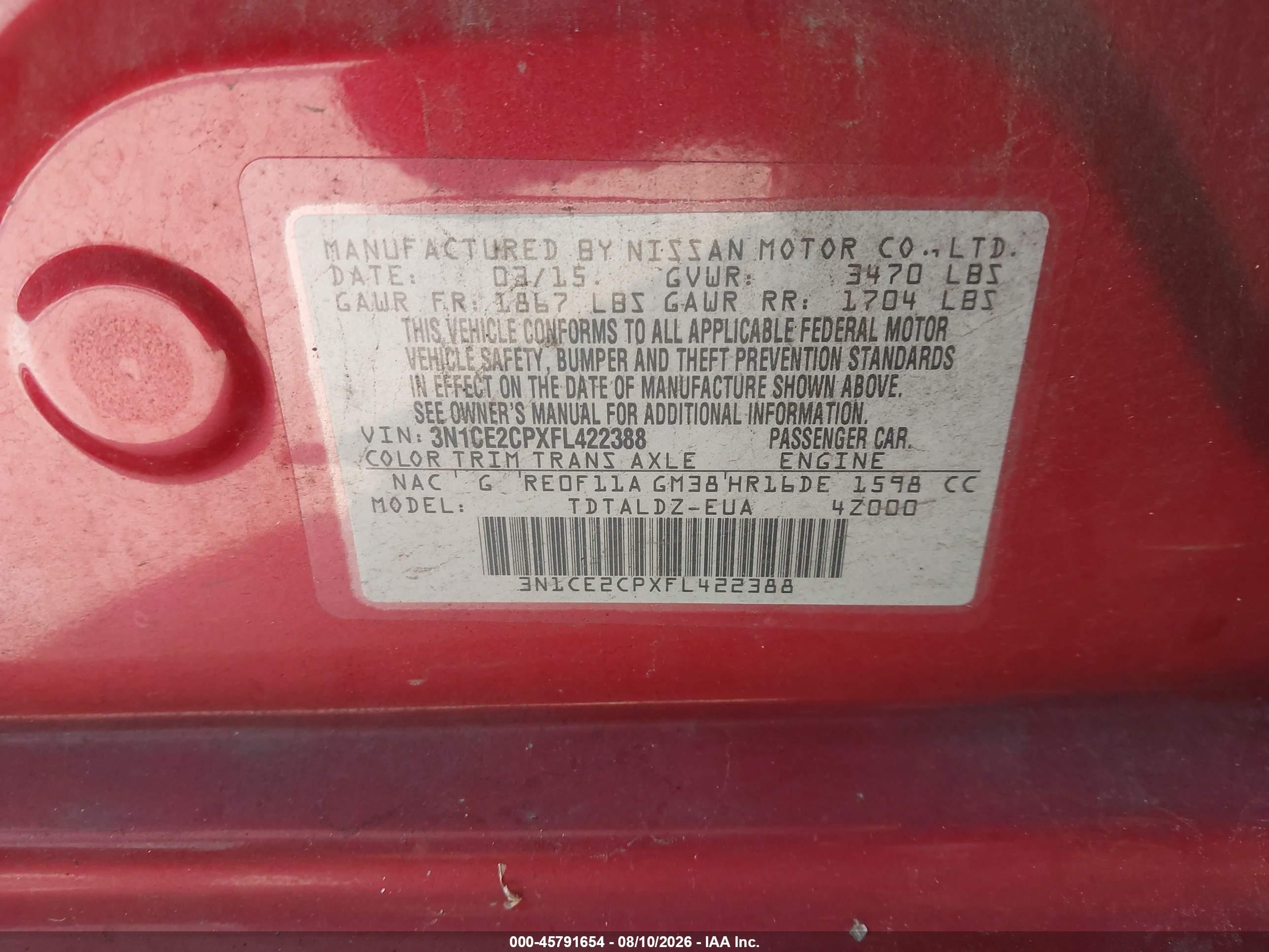2015 Nissan Versa Note S (sr)/s Plus/sl/sr/sv Red vin: 3N1CE2CPXFL422388