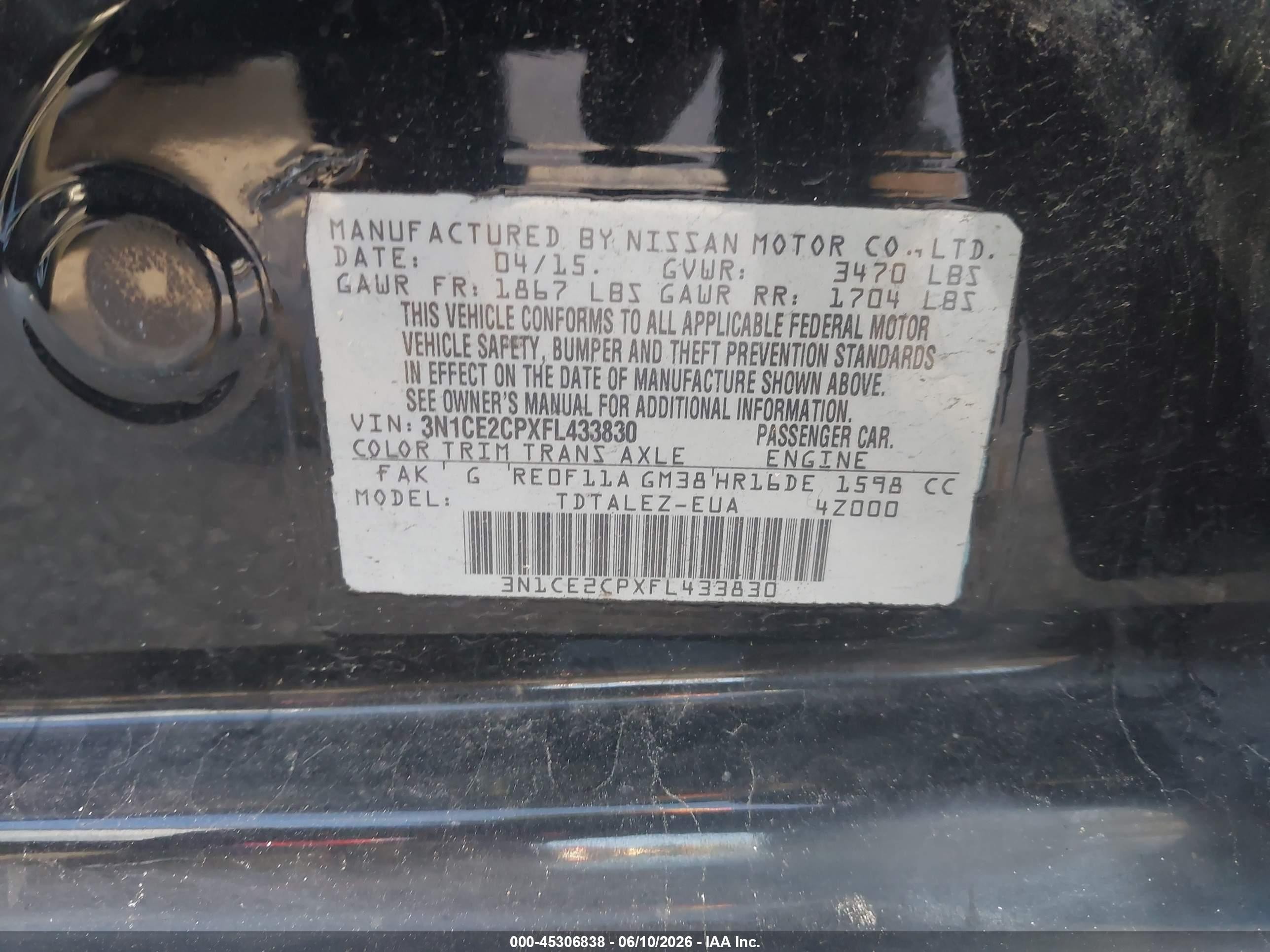 2015 Nissan Versa Note Sl Черный vin: 3N1CE2CPXFL433830