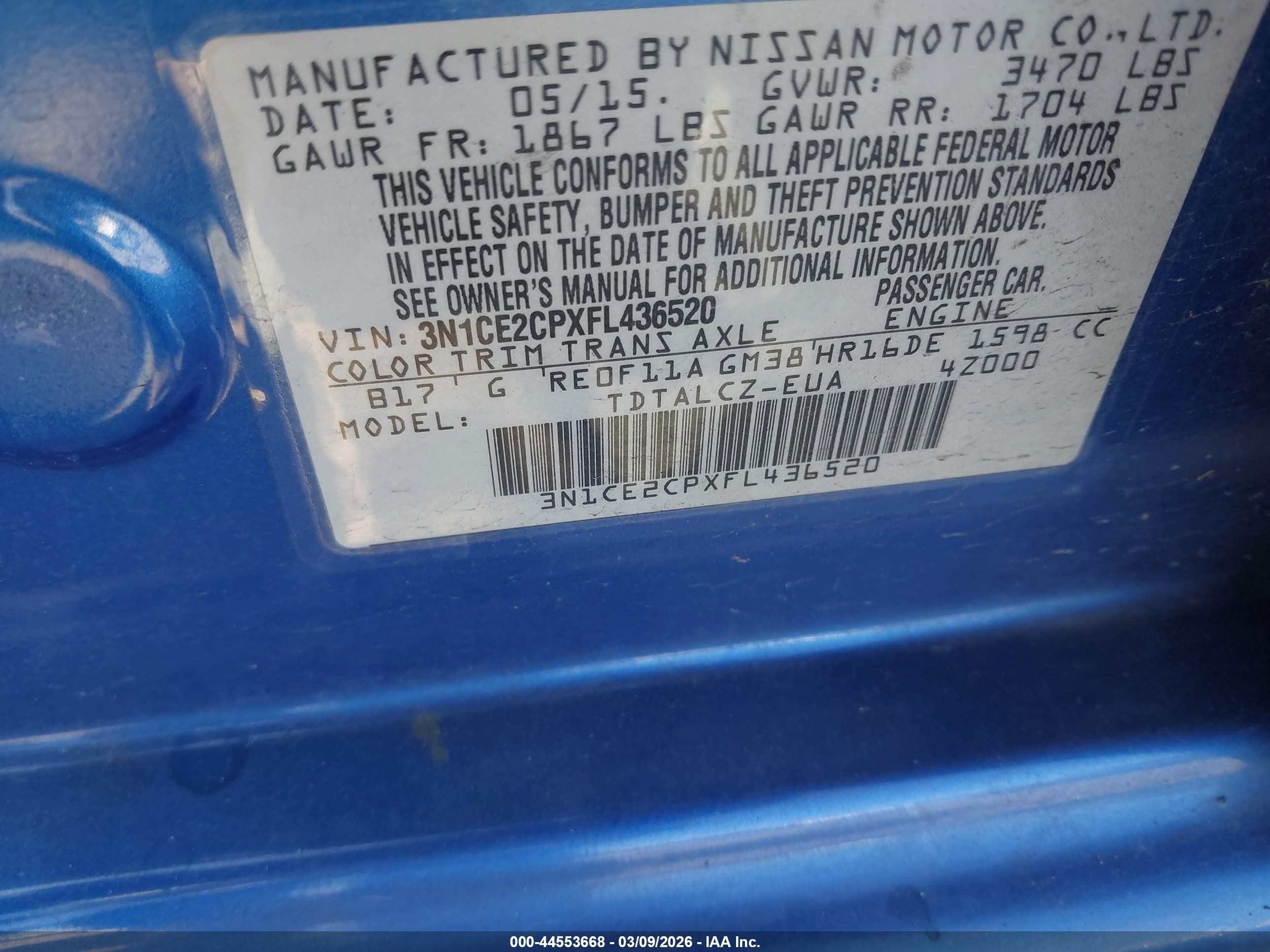 2015 Nissan Versa Note S Plus Blue vin: 3N1CE2CPXFL436520
