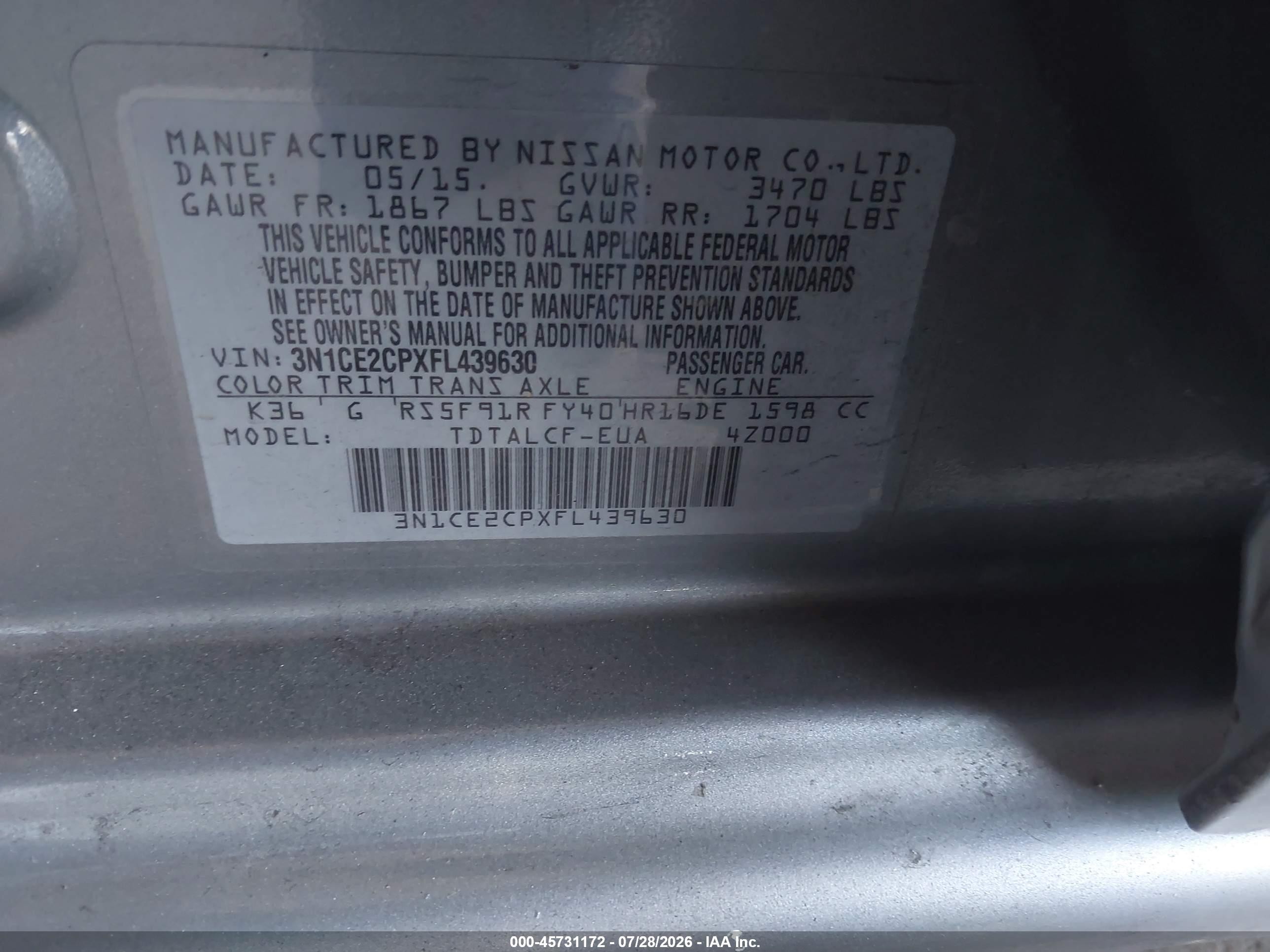 2015 Nissan Versa Note S (sr) Gray vin: 3N1CE2CPXFL439630