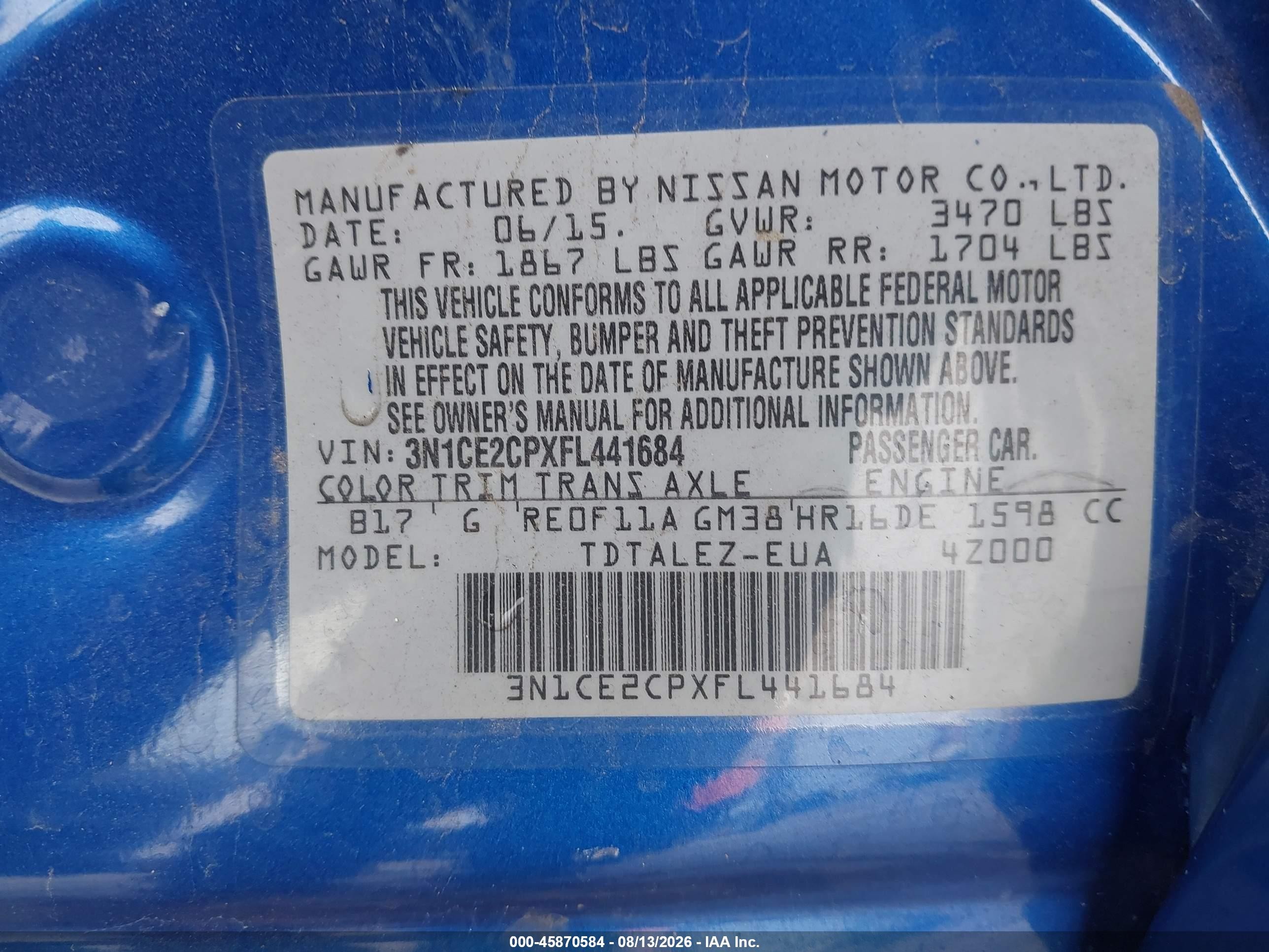 2015 Nissan Versa Note Sl Blue vin: 3N1CE2CPXFL441684