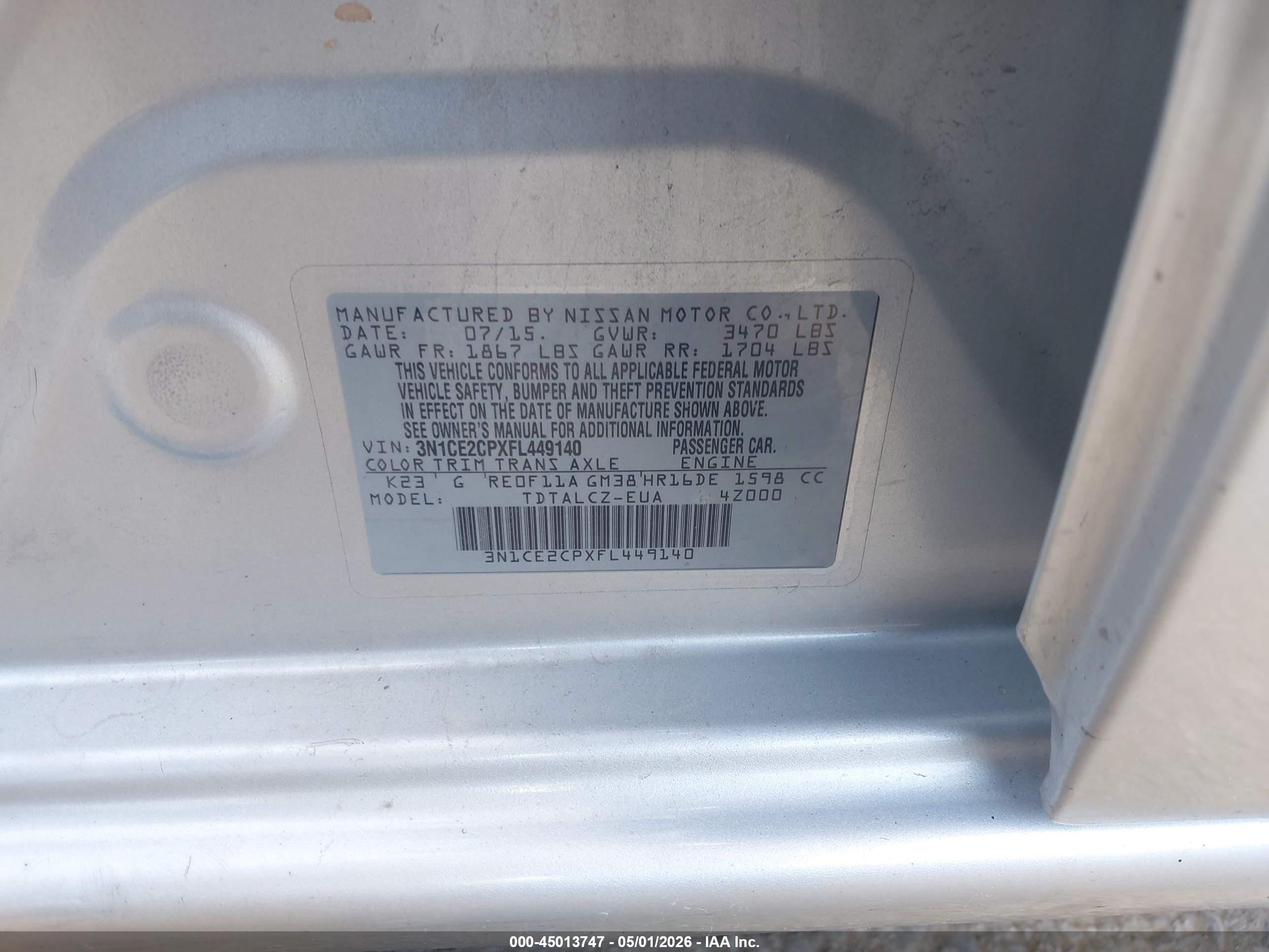 2015 Nissan Versa Note S Plus Silver vin: 3N1CE2CPXFL449140