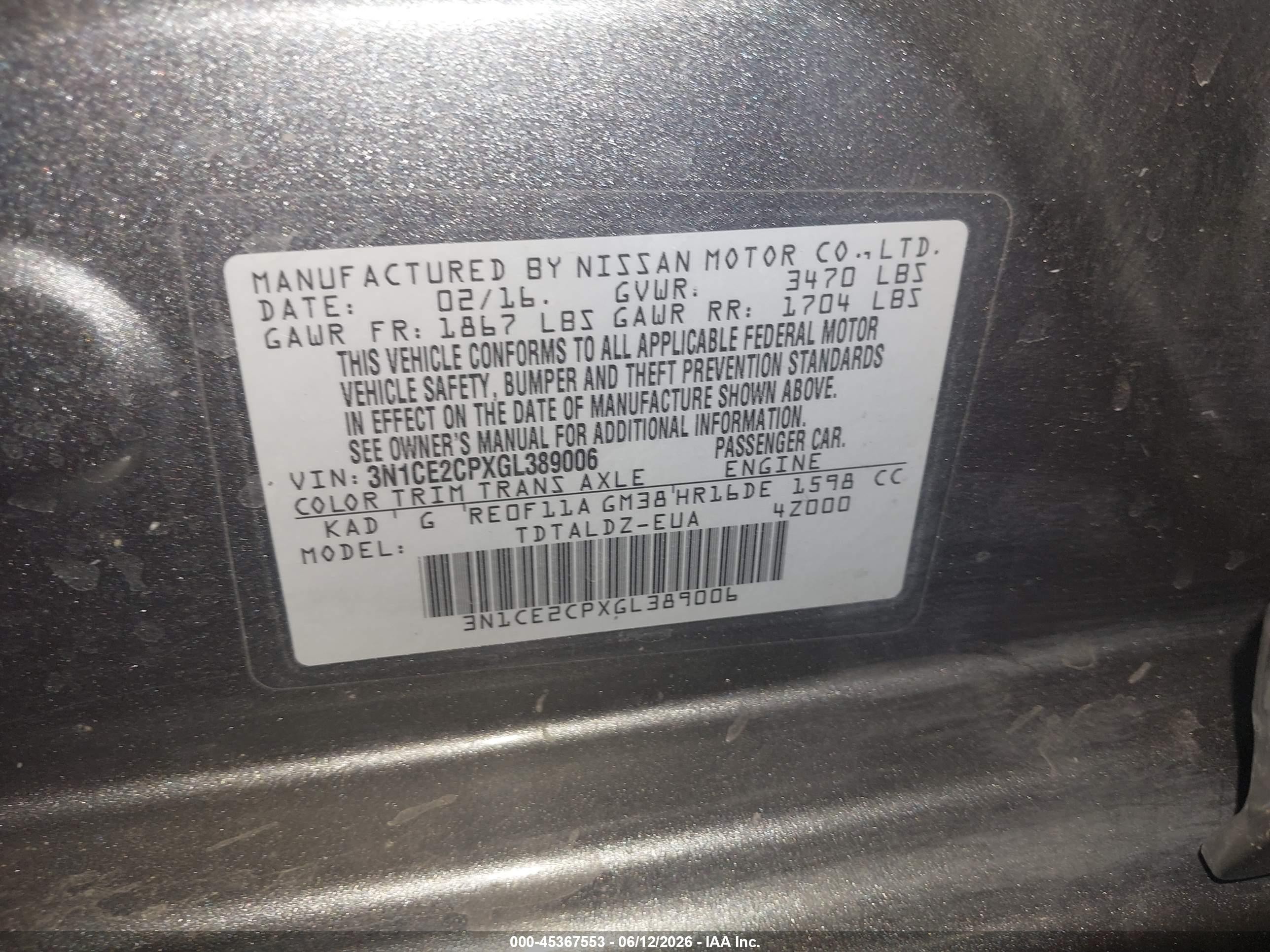 2016 Nissan Versa Note Sv Gray vin: 3N1CE2CPXGL389006