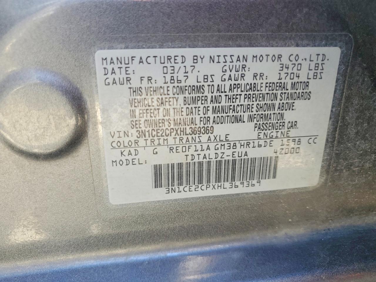 2017 Nissan Versa Note Sv Gray vin: 3N1CE2CPXHL369369