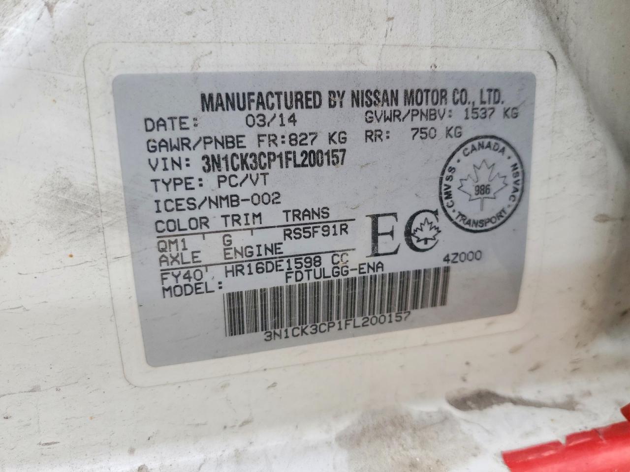 2015 Nissan Micra White vin: 3N1CK3CP1FL200157