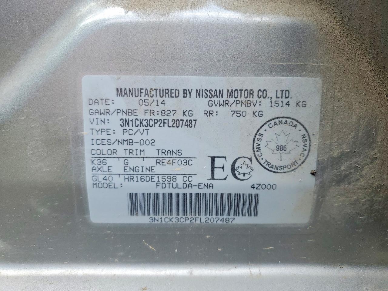 2015 Nissan Micra Silver vin: 3N1CK3CP2FL207487