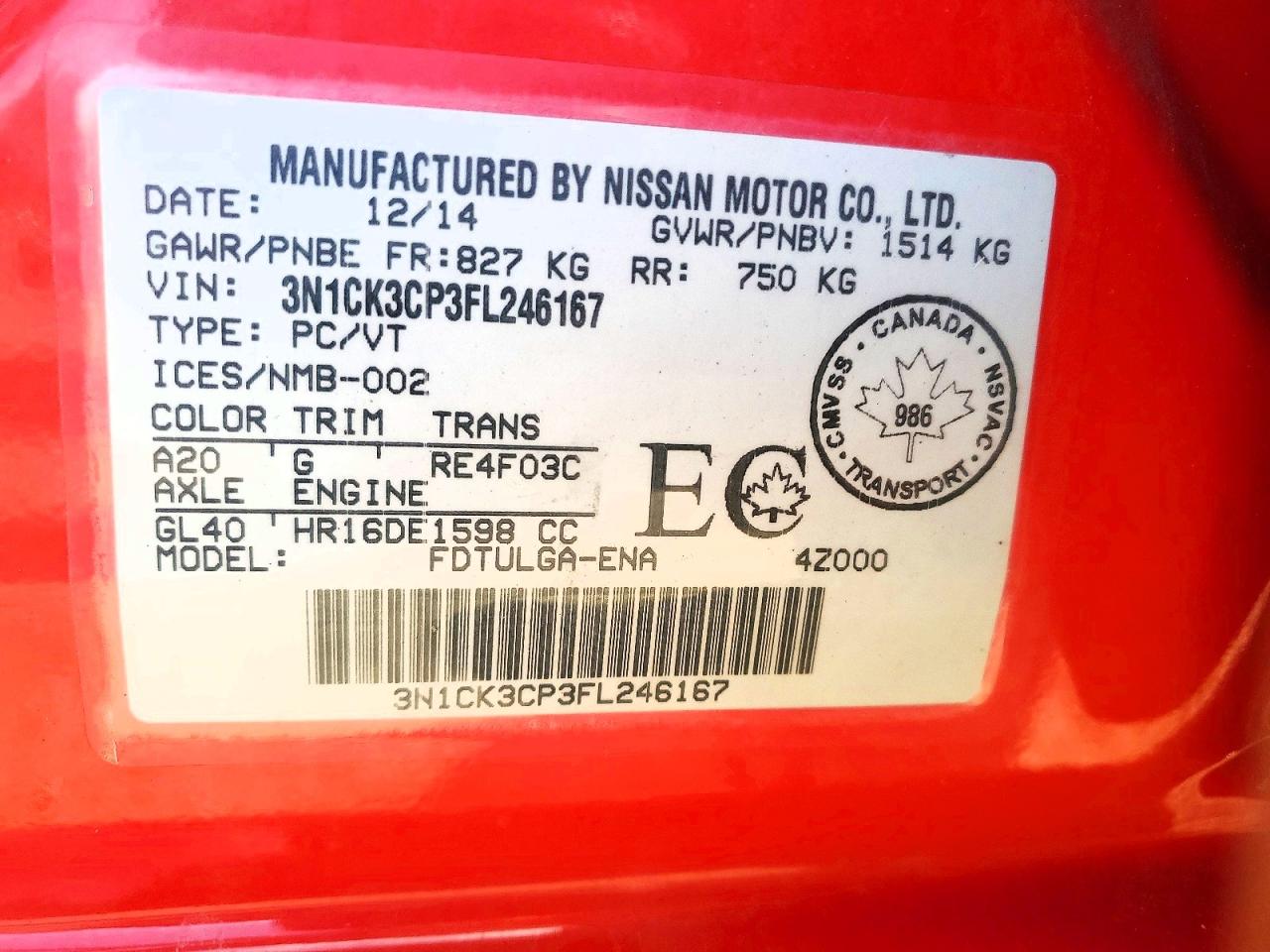 2015 Niss Micra Red vin: 3N1CK3CP3FL246167