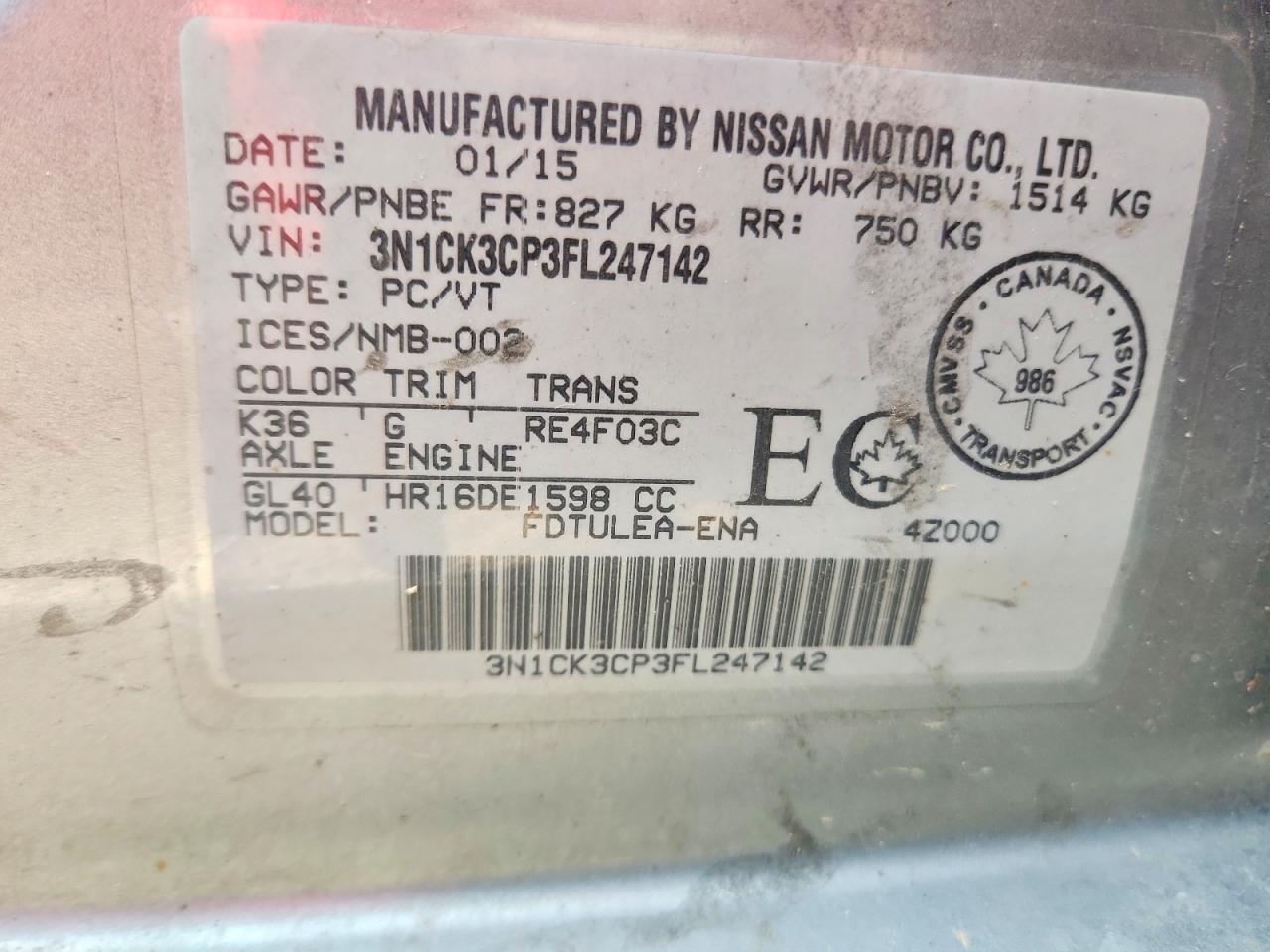 2015 Niss Micra Gray vin: 3N1CK3CP3FL247142