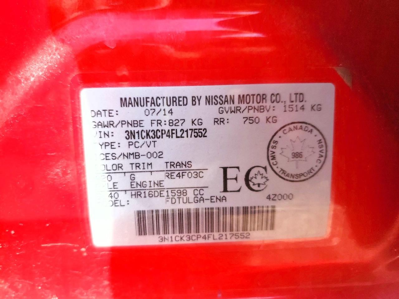 2015 Nissan Micra Red vin: 3N1CK3CP4FL217552