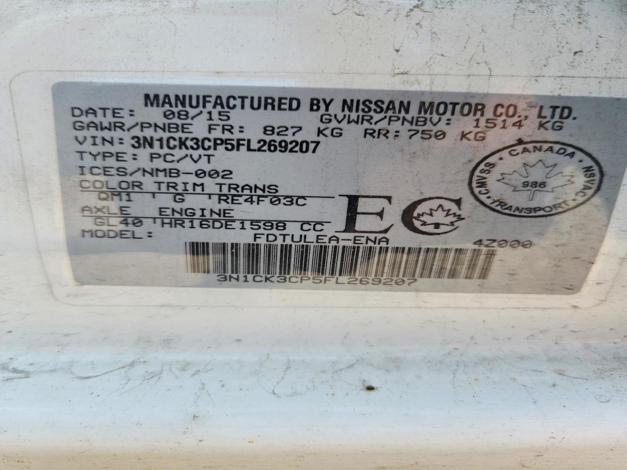 2015 Nissan Micra White vin: 3N1CK3CP5FL269207