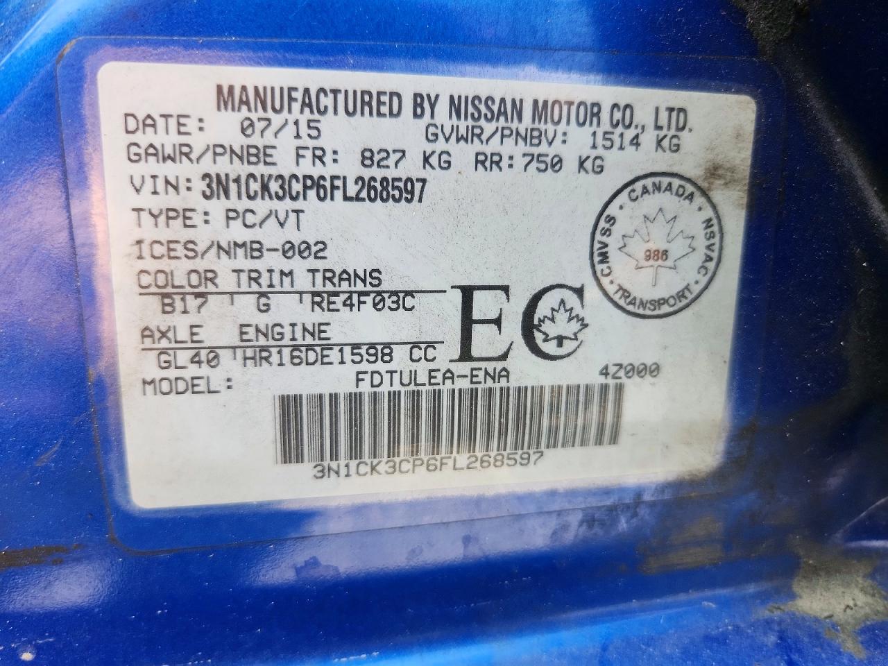 2015 Nissan Micra Blue vin: 3N1CK3CP6FL268597