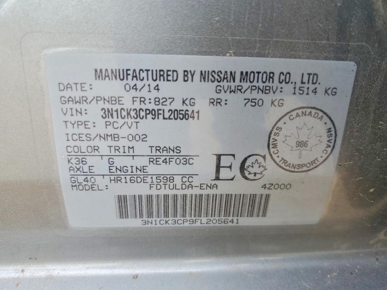 2015 Nissan Micra Silver vin: 3N1CK3CP9FL205641