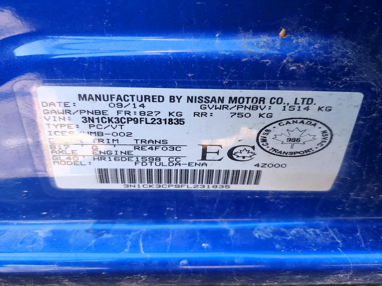 2015 Nissan Micra Blue vin: 3N1CK3CP9FL231835