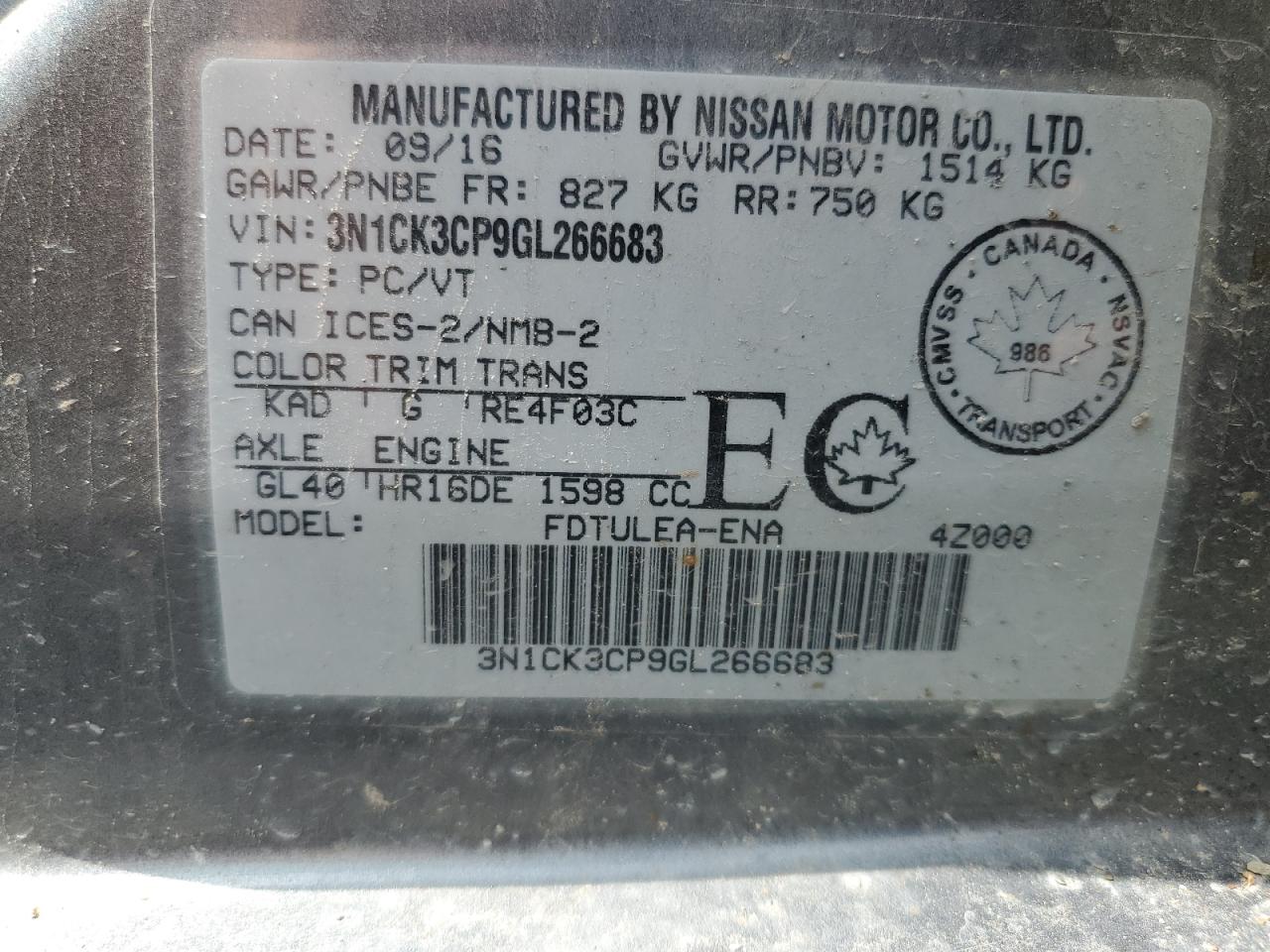 2016 Nissan Micra Charcoal vin: 3N1CK3CP9GL266683
