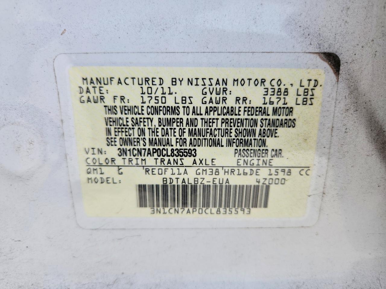 2012 Nissan Versa 1.6 S White vin: 3N1CN7AP0CL835593