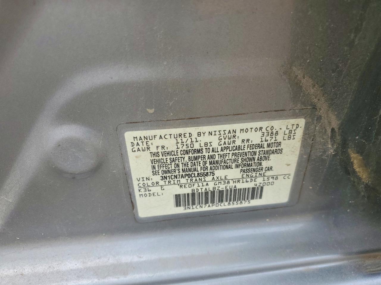 2012 Nissan Versa 1.6 S Gray vin: 3N1CN7AP0CL855875