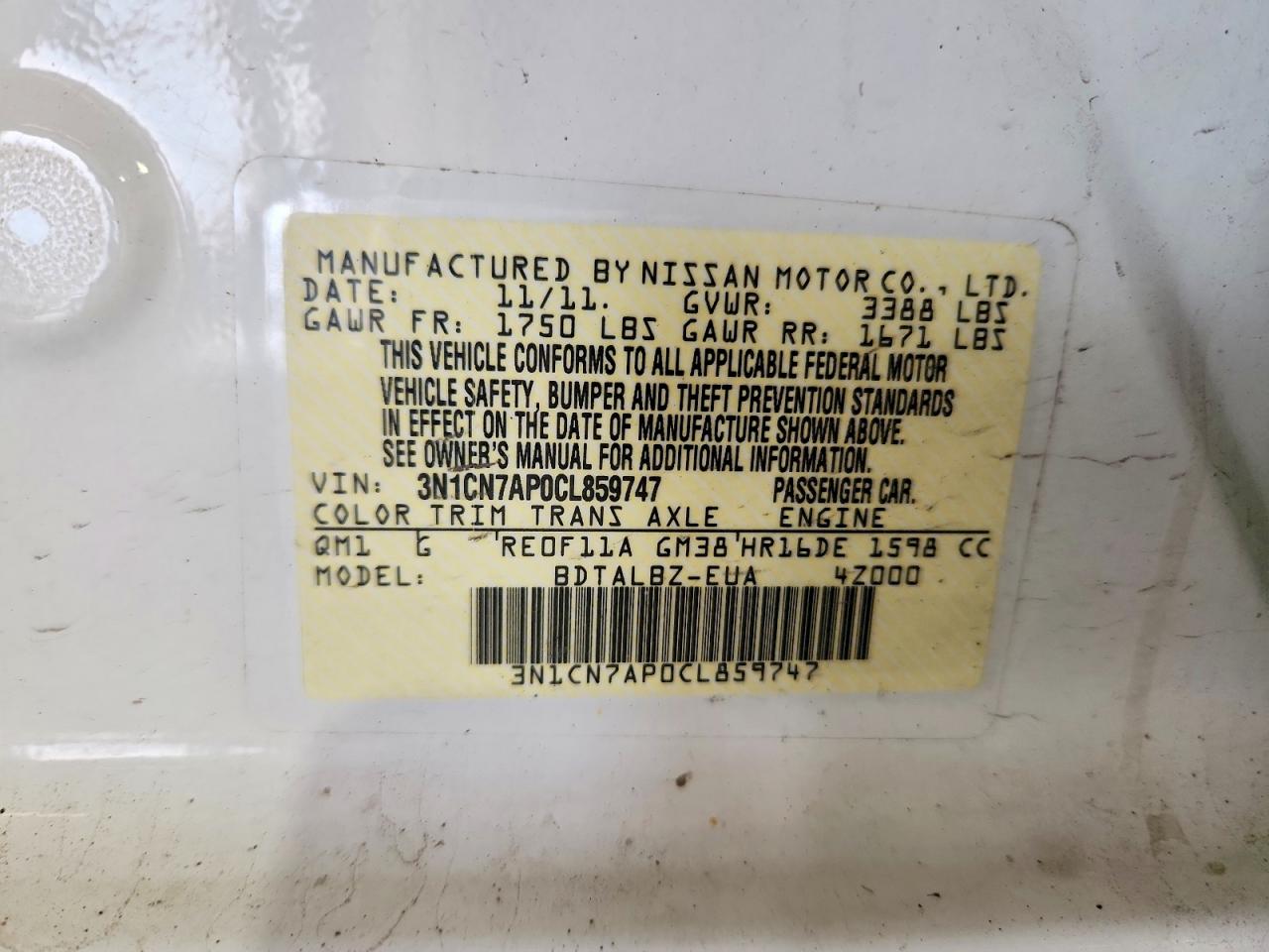 2012 Nissan Versa 1.6 S White vin: 3N1CN7AP0CL859747