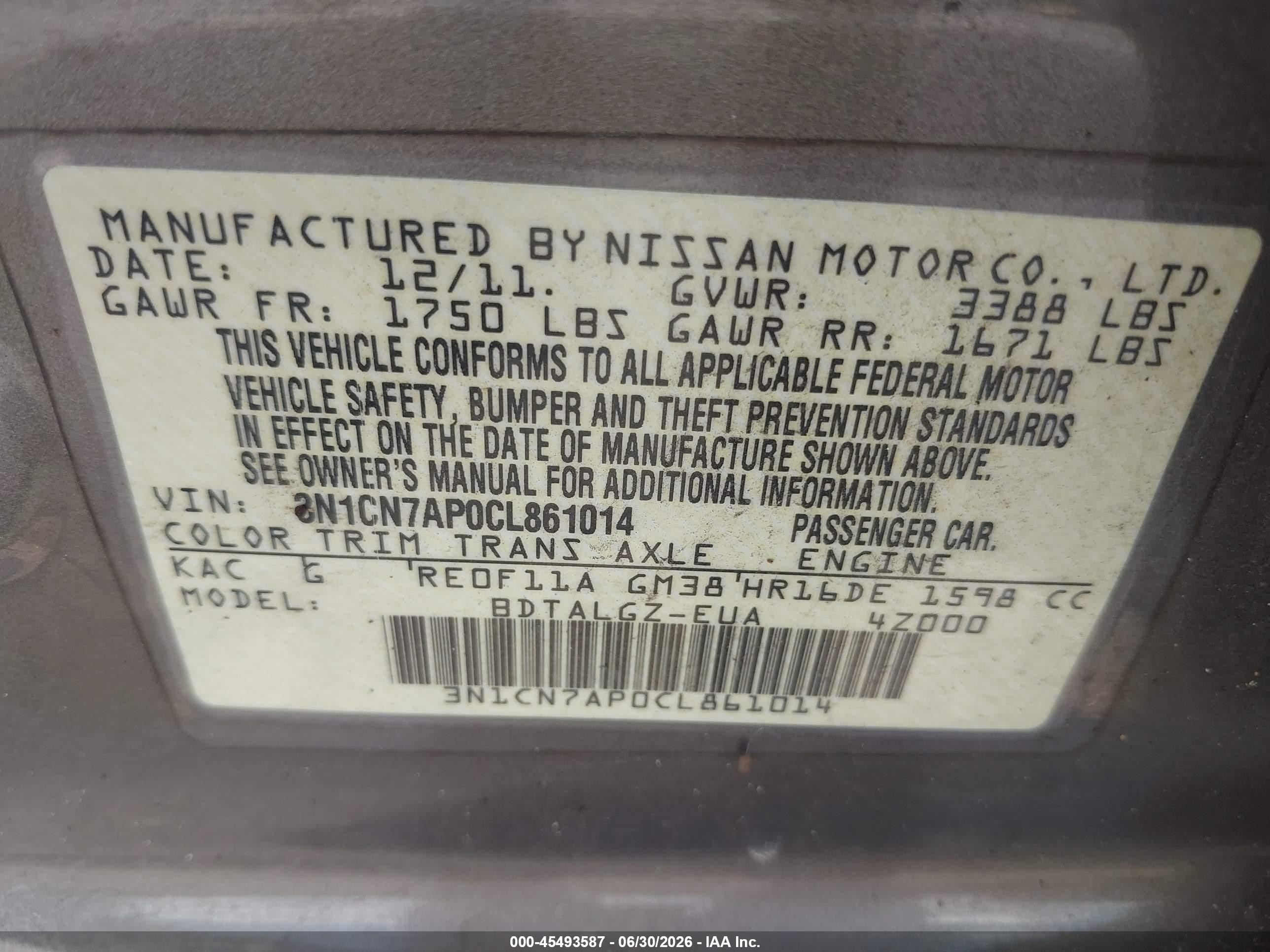 2012 Nissan Versa 1.6 Sl Gray vin: 3N1CN7AP0CL861014