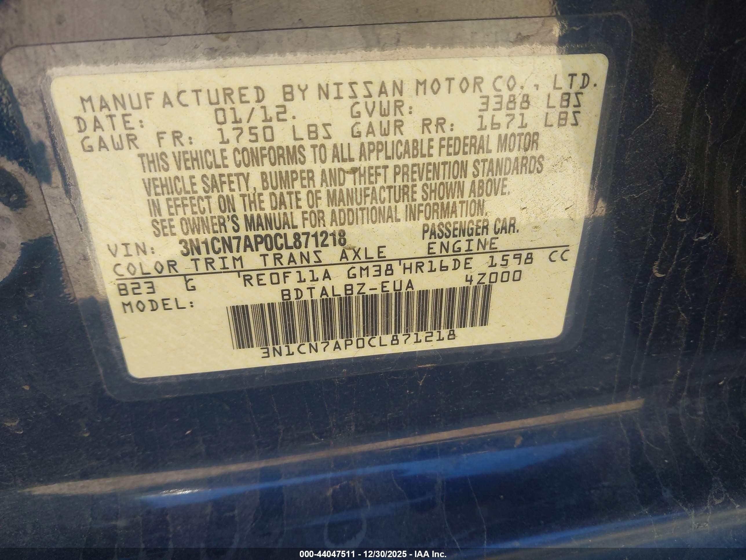 2012 Nissan Versa 1.6 Sv Blue vin: 3N1CN7AP0CL871218
