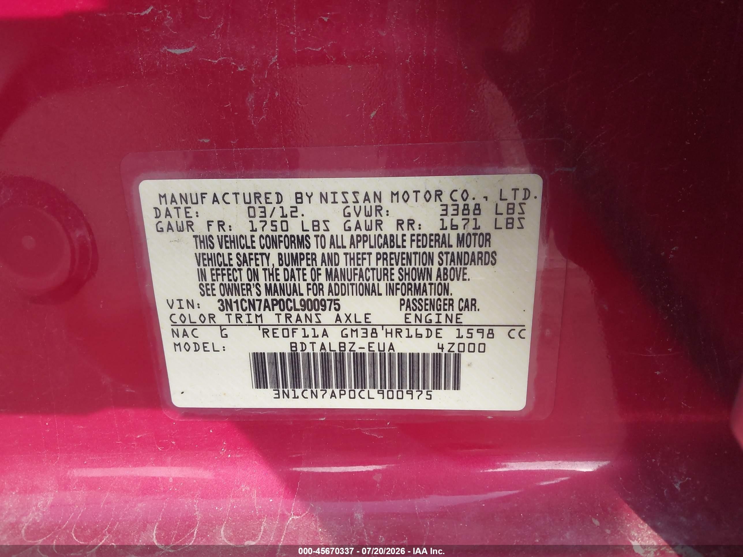 2012 Nissan Versa 1.6 Sv Red vin: 3N1CN7AP0CL900975