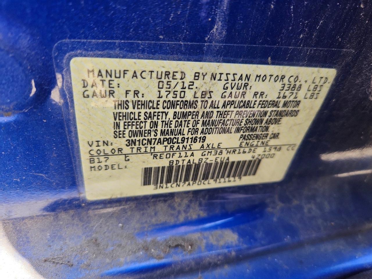2012 Nissan Versa 1.6 S Blue vin: 3N1CN7AP0CL911619